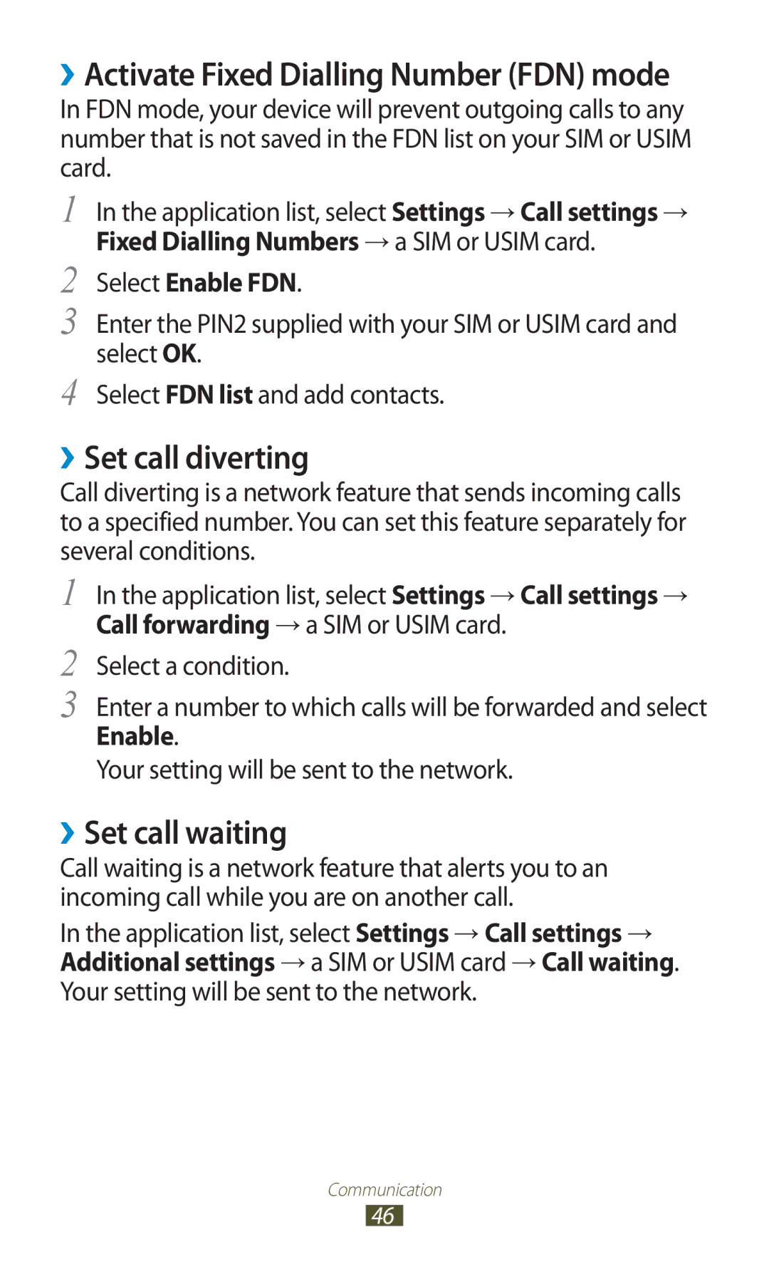 Samsung GT-S5302ZWACOA, GT-S5302ZWAAFR, GT-S5302ZWAKSA, GT-S5302ZKAEGY manual ››Set call diverting, ››Set call waiting 