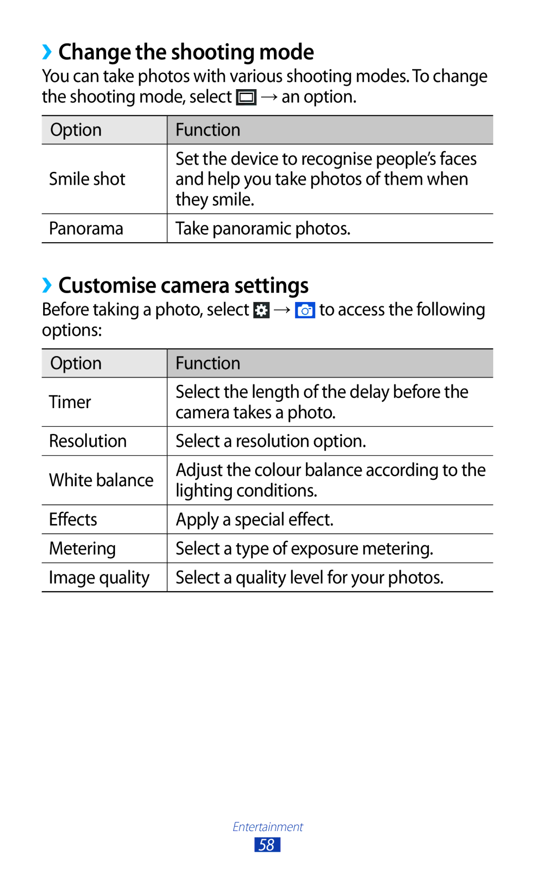 Samsung GT-S5302ZWAJED ››Change the shooting mode, ››Customise camera settings, Camera takes a photo, Lighting conditions 