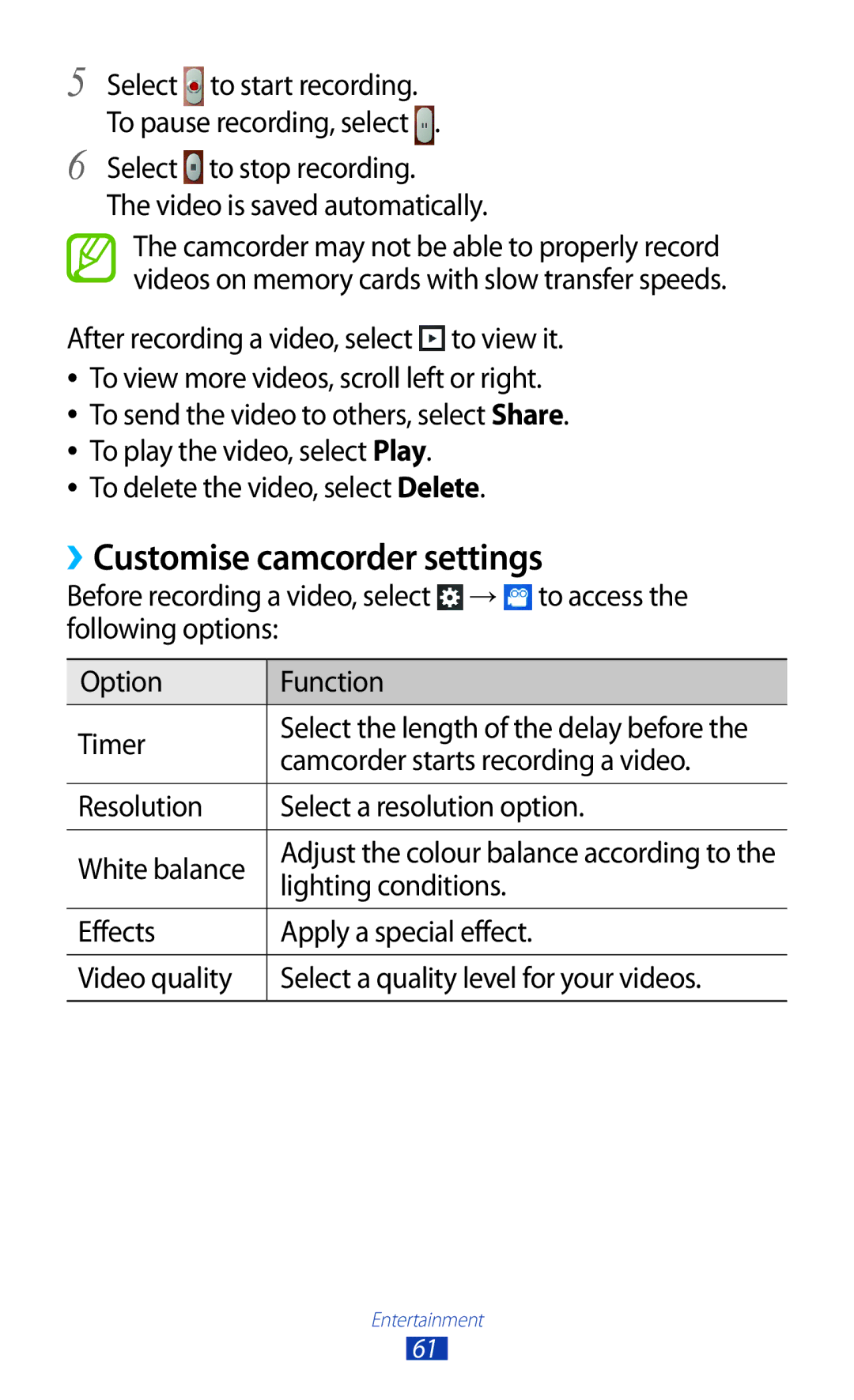 Samsung GT-S5302ZWAXEZ manual ››Customise camcorder settings, Select to stop recording Video is saved automatically 