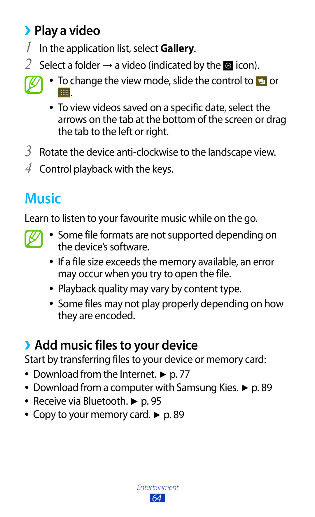 Samsung GT2S5302ZKAETL, GT-S5302ZWAAFR, GT-S5302ZWAKSA manual Music, ››Play a video, ››Add music files to your device 