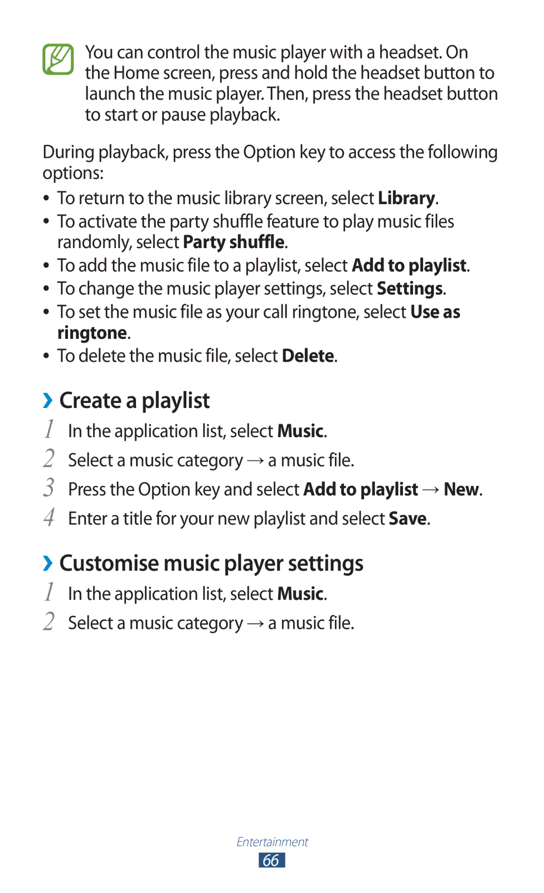 Samsung GT-S5302ZWAORX, GT-S5302ZWAAFR, GT-S5302ZWAKSA manual ››Create a playlist, ››Customise music player settings 