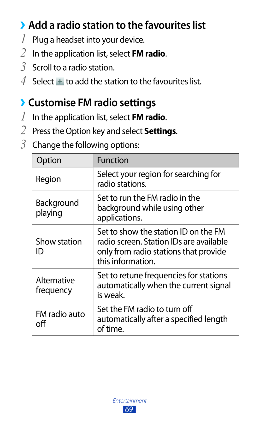 Samsung GT2S5302ZWAXEZ, GT-S5302ZWAAFR manual ››Add a radio station to the favourites list, ››Customise FM radio settings 