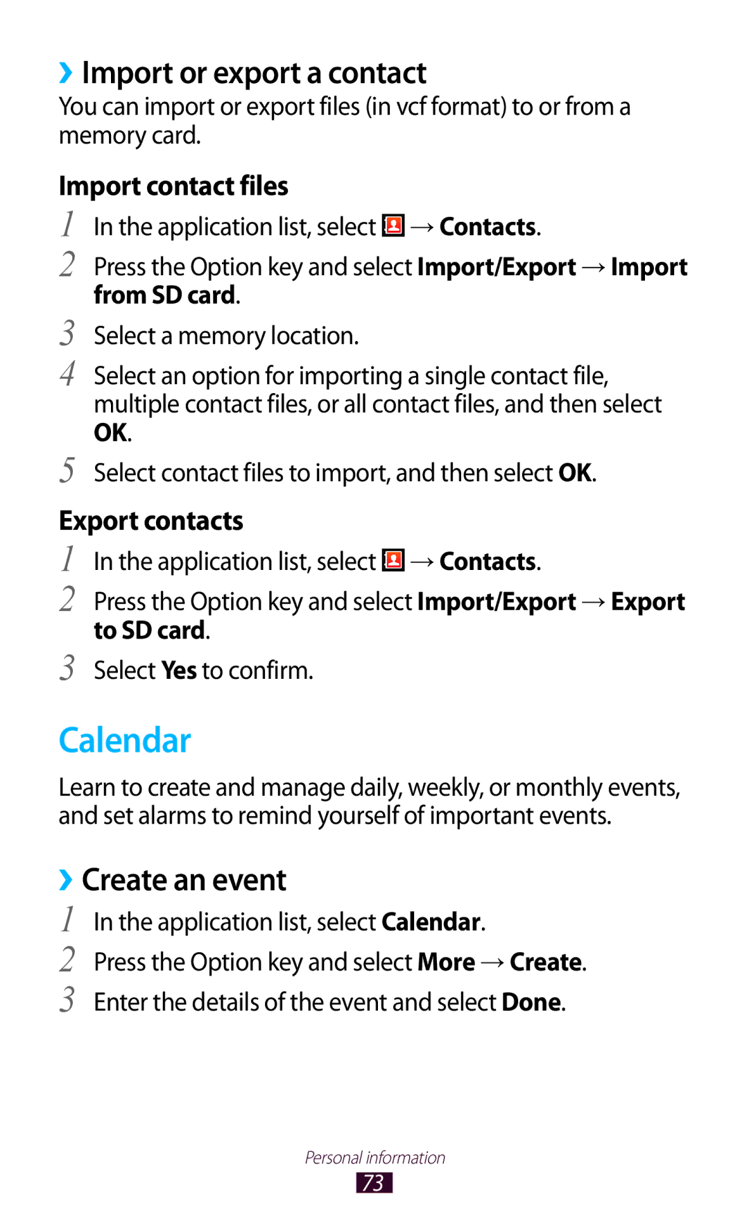 Samsung GT-S5302ZKASER, GT-S5302ZWAAFR manual Calendar, ››Import or export a contact, ››Create an event, From SD card 