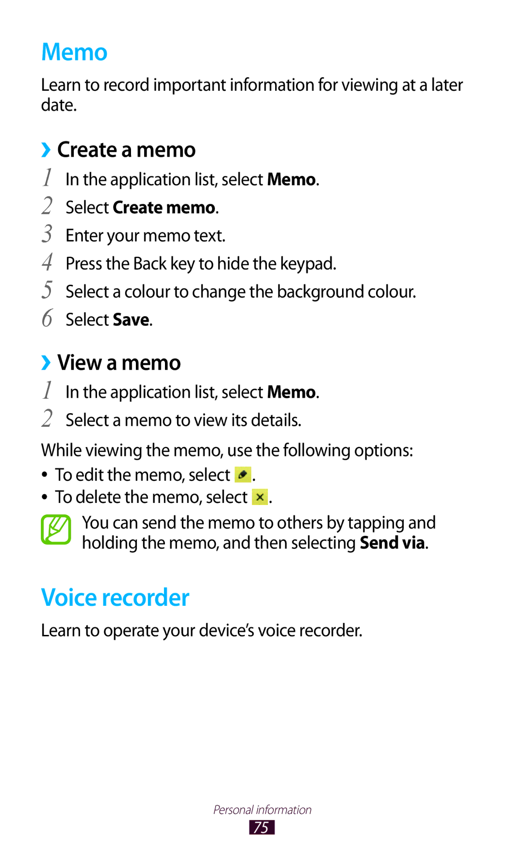 Samsung GT-S5302ZWAAFR, GT-S5302ZWAKSA manual Memo, Voice recorder, ››Create a memo, ››View a memo, Select Create memo 