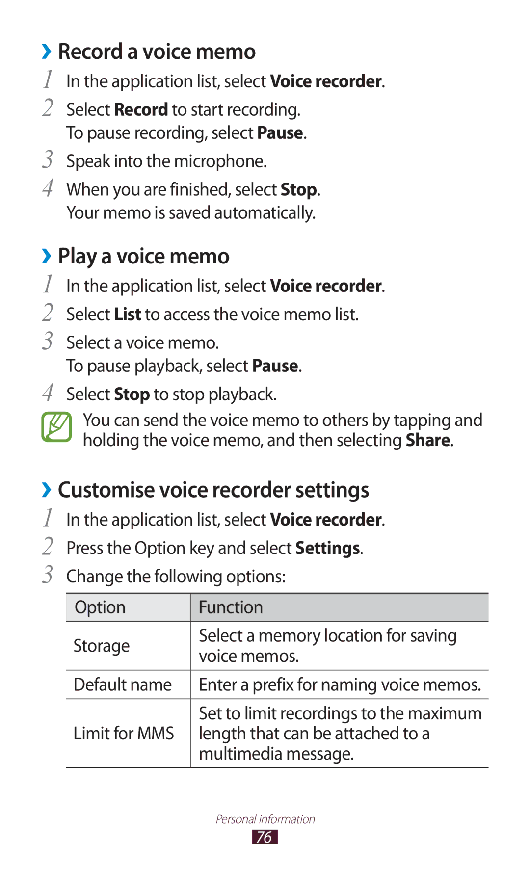 Samsung GT-S5302ZWAKSA, GT-S5302ZWAAFR ››Record a voice memo, ››Play a voice memo, ››Customise voice recorder settings 