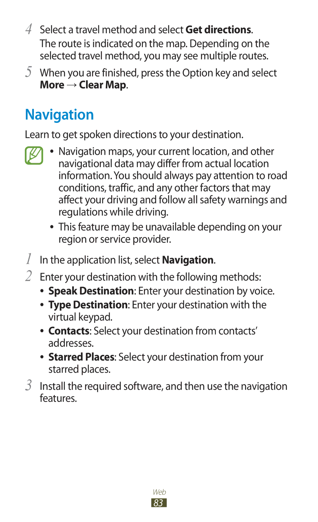 Samsung GT-S5302ZWAJED, GT-S5302ZWAAFR manual Navigation, Select a travel method and select Get directions, More → Clear Map 