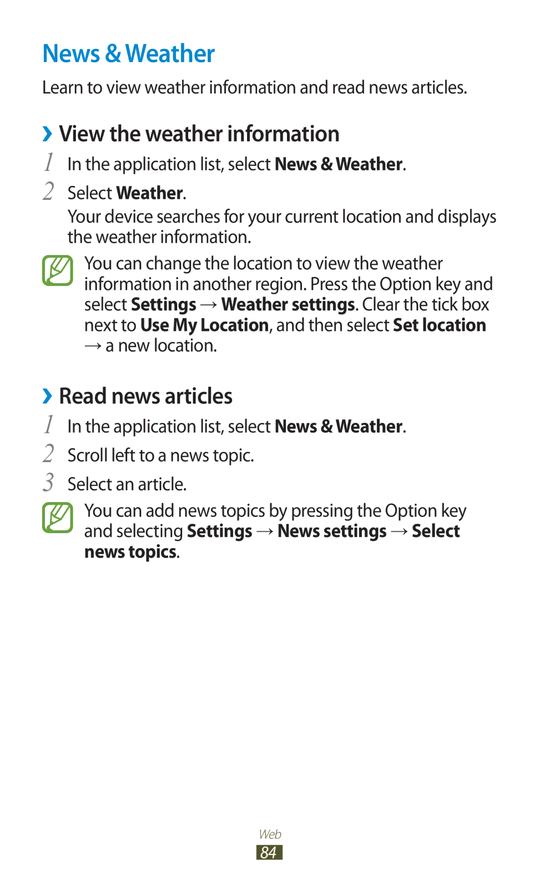 Samsung GT-S5302ZWAEGY manual News & Weather, ››View the weather information, ››Read news articles, → a new location 