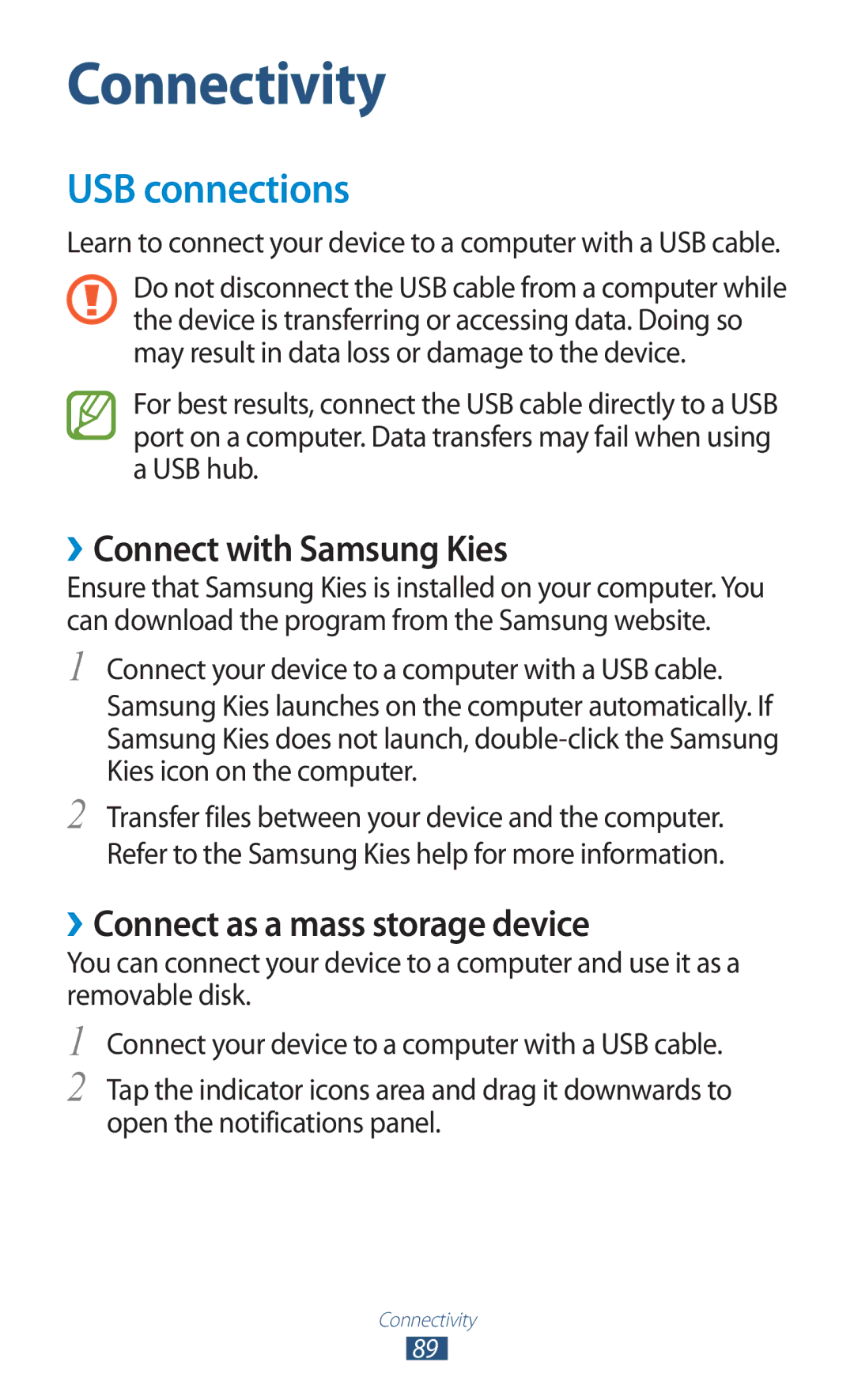 Samsung GT2S5302ZKAETL, GT-S5302ZWAAFR USB connections, ››Connect with Samsung Kies, ››Connect as a mass storage device 