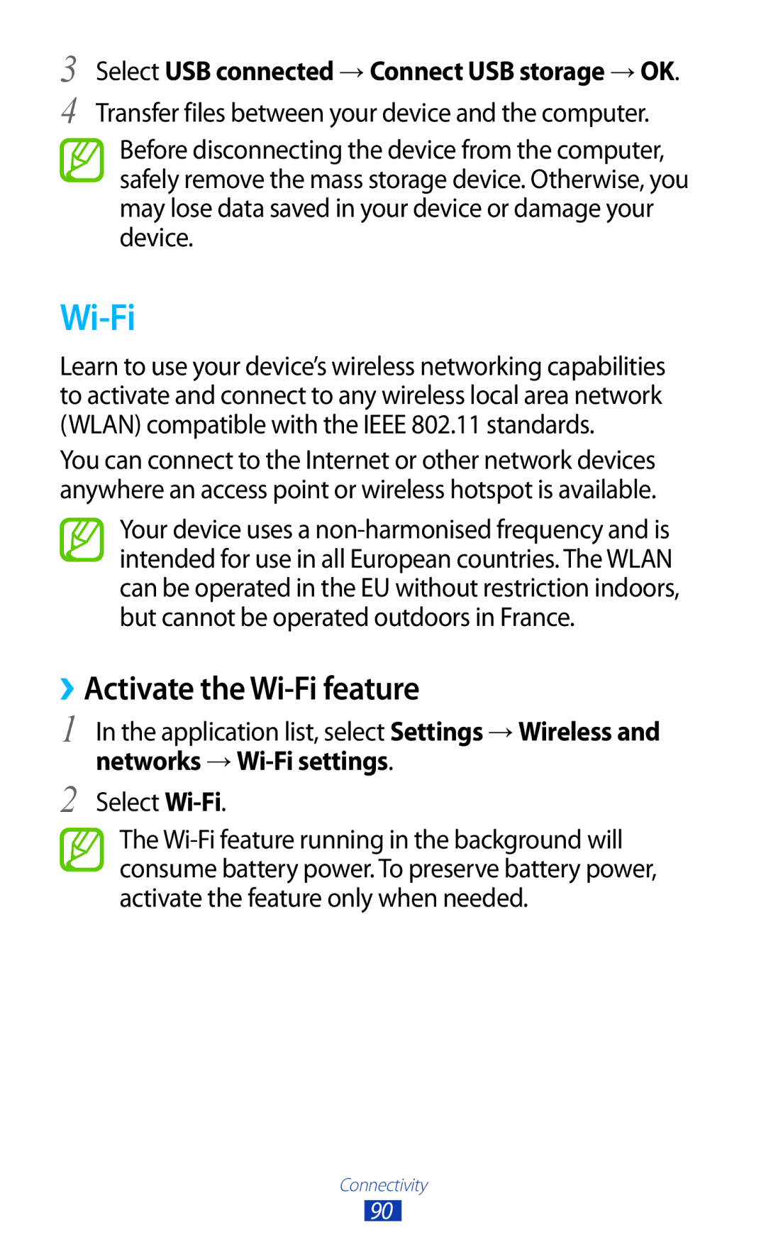 Samsung GT2S5302ZWAETL, GT-S5302ZWAAFR ››Activate the Wi-Fi feature, Select USB connected → Connect USB storage → OK 