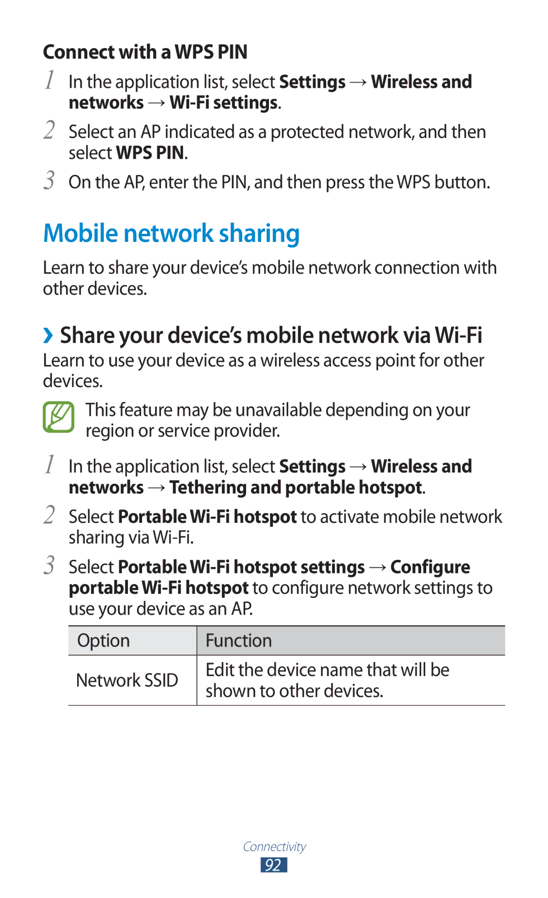 Samsung GT-S5302ZKAXEZ, GT-S5302ZWAAFR, GT-S5302ZWAKSA, GT-S5302ZKAEGY manual Mobile network sharing, Connect with a WPS PIN 