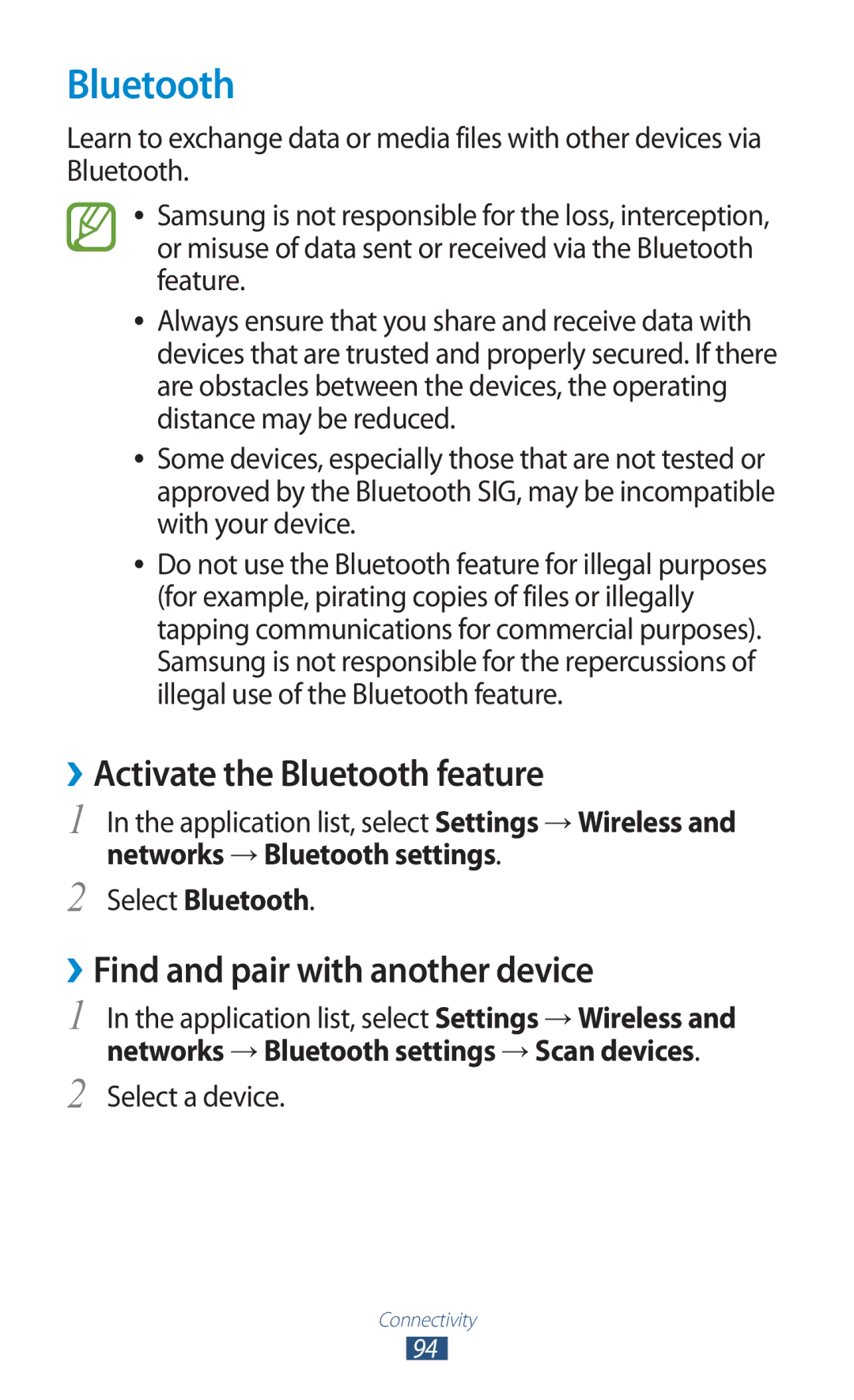 Samsung GT2S5302ZWAXEZ manual ››Activate the Bluetooth feature, ››Find and pair with another device, Select a device 