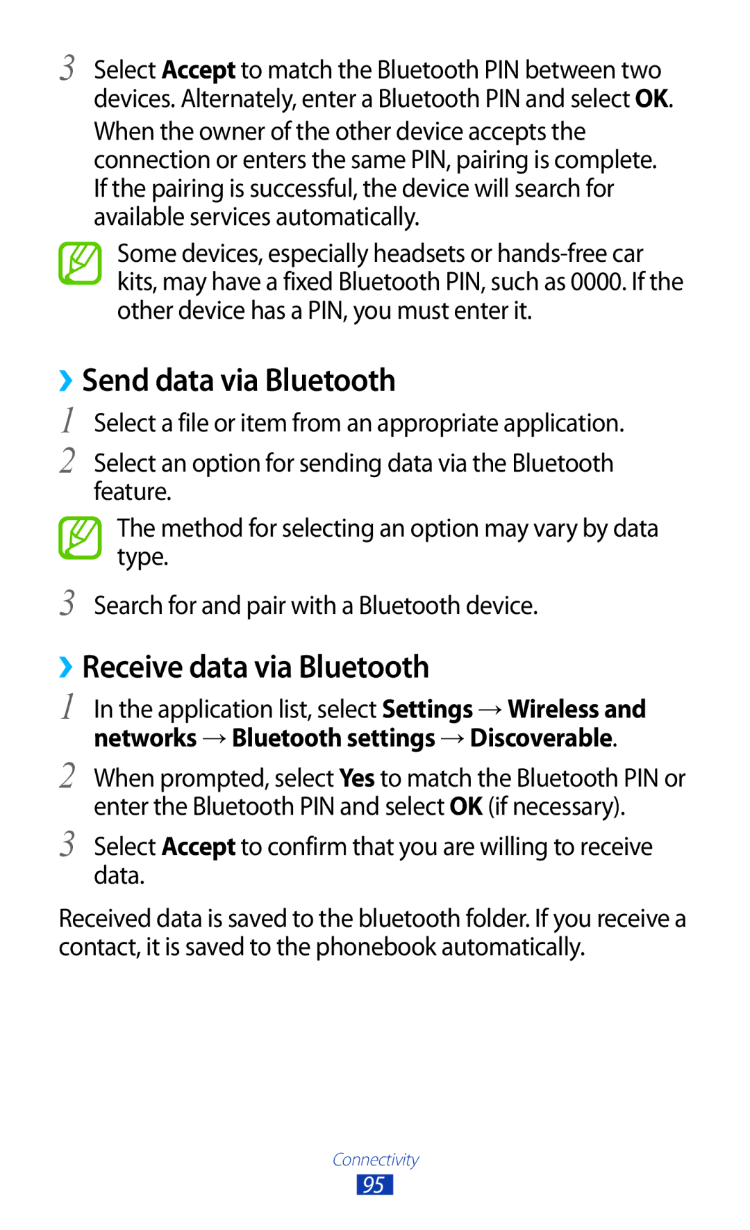 Samsung GT-S5302ZWAETL, GT-S5302ZWAAFR, GT-S5302ZWAKSA manual ››Send data via Bluetooth, ››Receive data via Bluetooth 