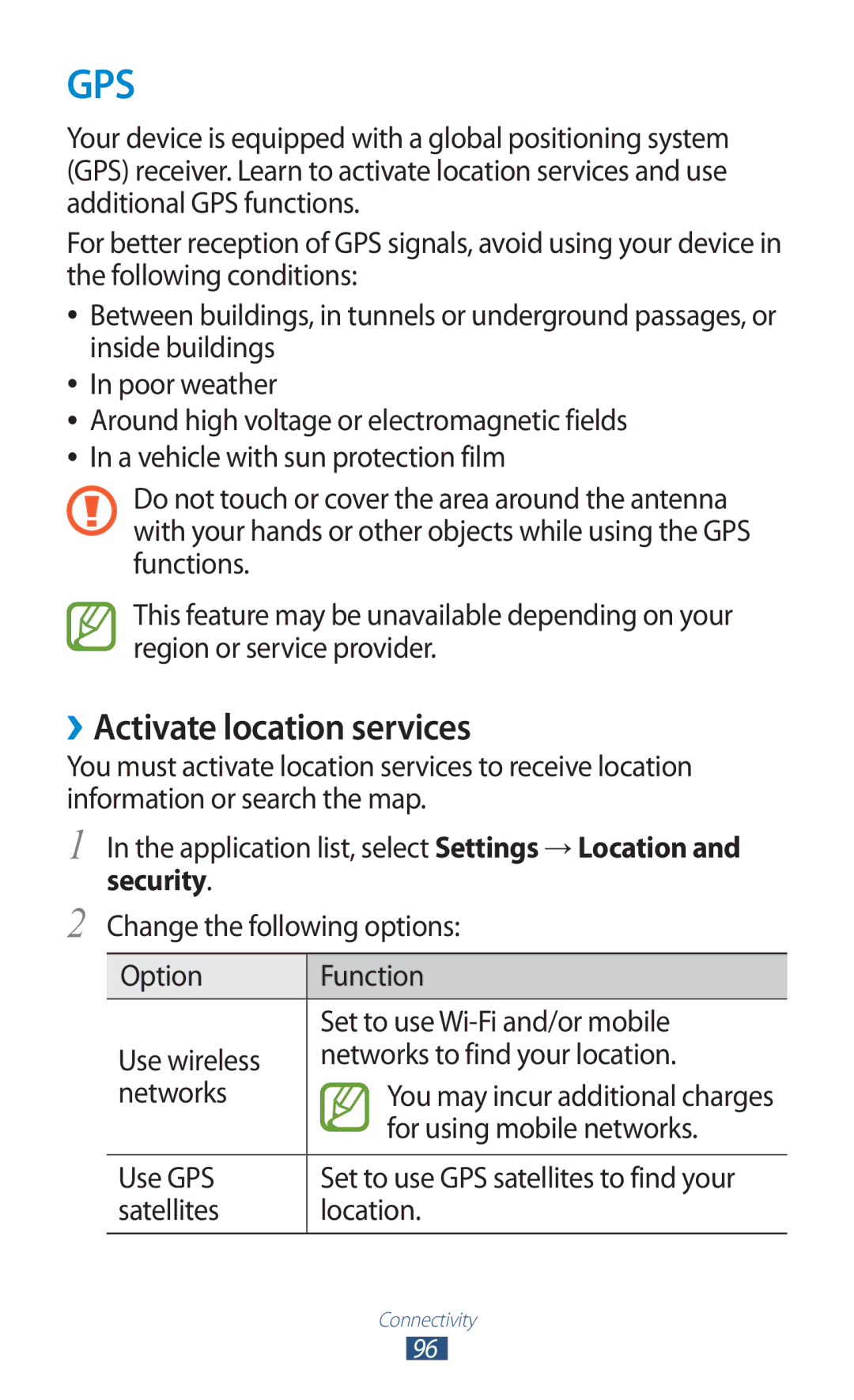 Samsung GT-S5302ZWACOA manual ››Activate location services, For using mobile networks, Use GPS, Satellites Location 