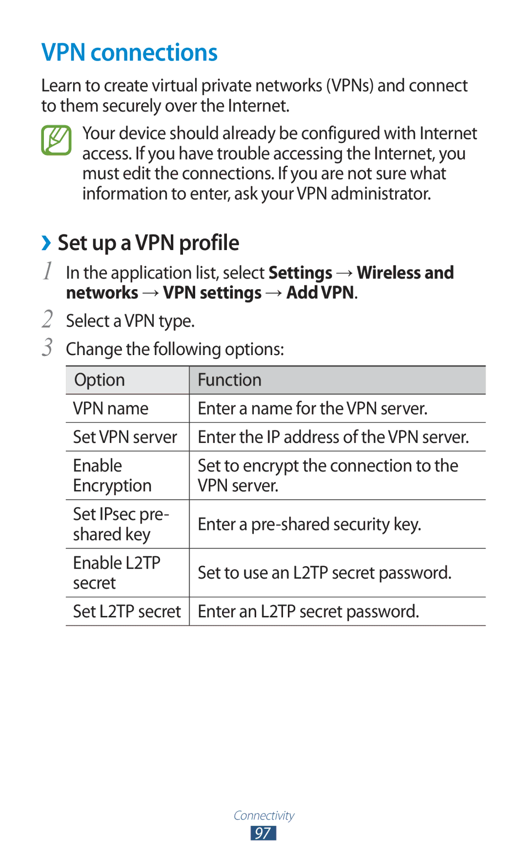 Samsung GT-S5302ZKACOA, GT-S5302ZWAAFR VPN connections, ››Set up a VPN profile, Networks → VPN settings → Add VPN, Secret 