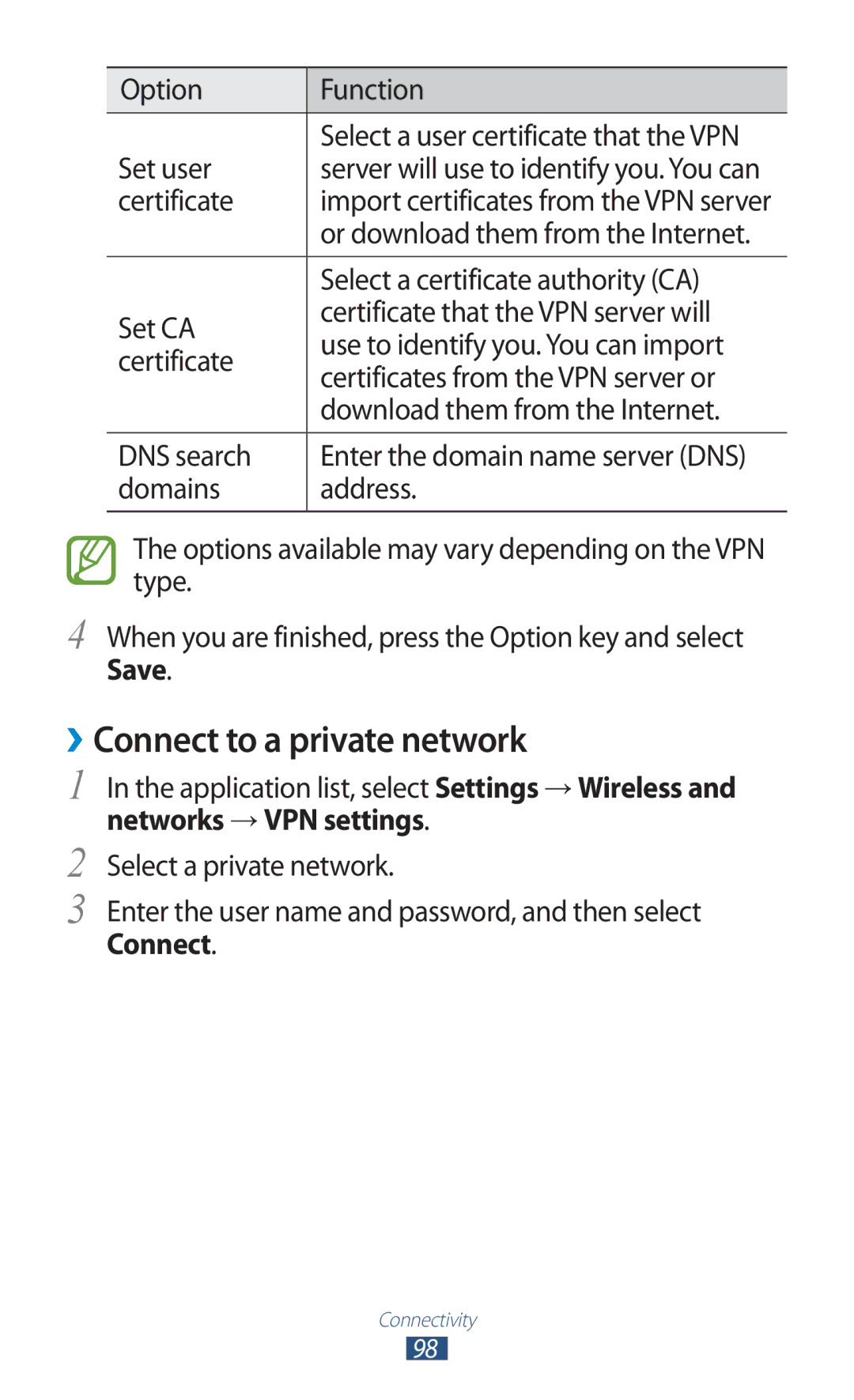 Samsung GT-S5302ZKASER, GT-S5302ZWAAFR, GT-S5302ZWAKSA manual ››Connect to a private network, Save, Networks → VPN settings 