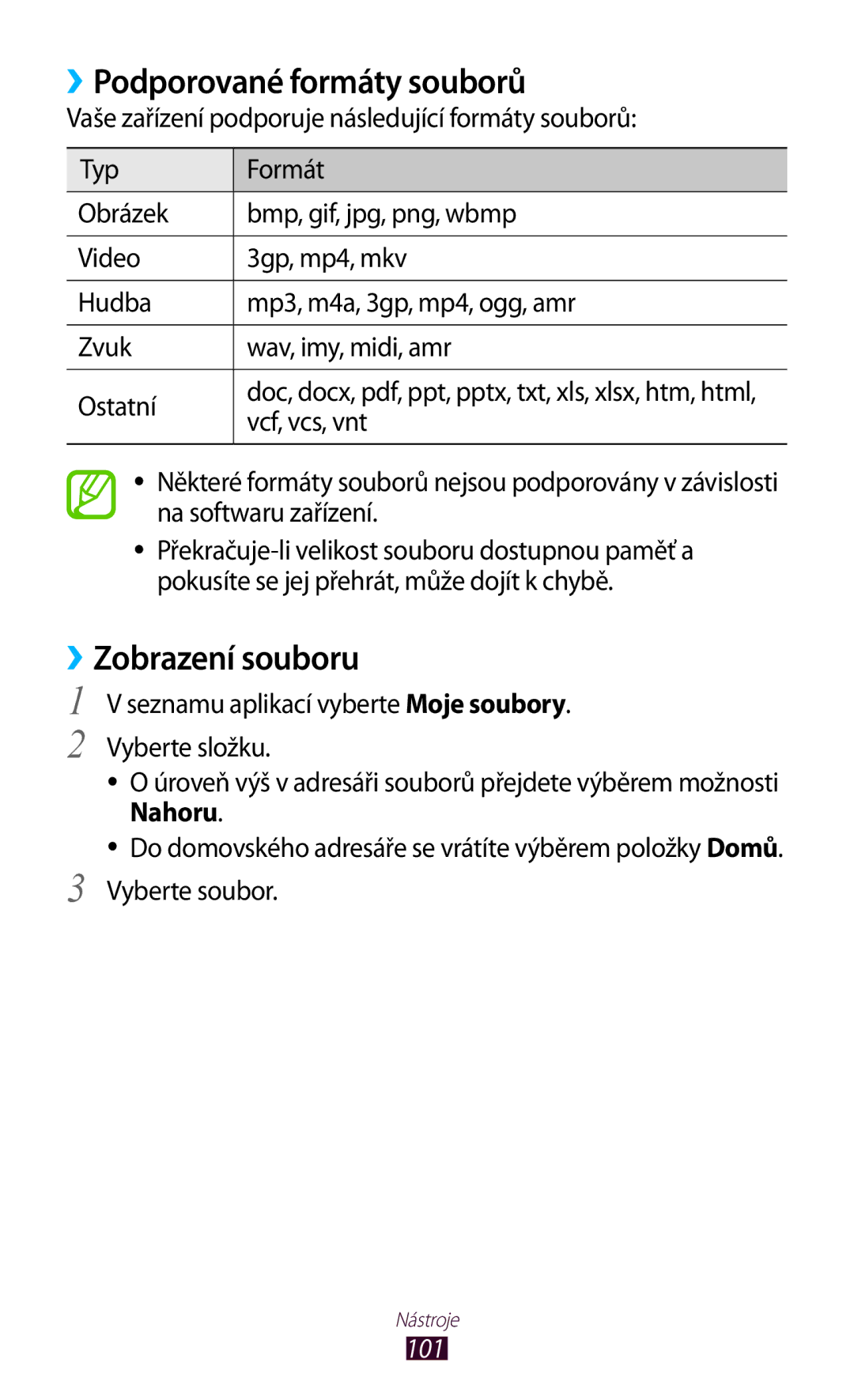 Samsung GT-S5302ZKAETL, GT-S5302ZWAXEZ manual Podporované formáty souborů, ››Zobrazení souboru, Vyberte soubor, 101 