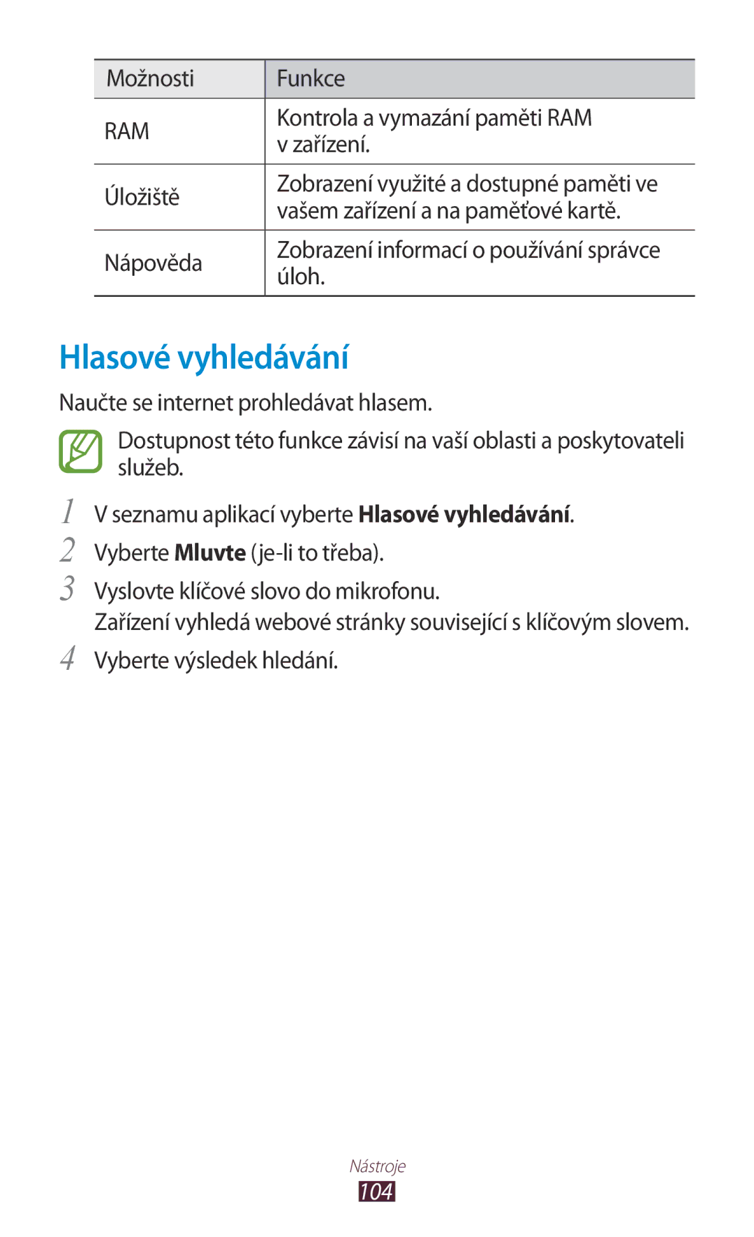 Samsung GT2S5302ZWAETL, GT-S5302ZWAXEZ, GT-S5302ZKAETL, GT2S5302ZKAXEZ, GT2S5302ZKAETL manual Hlasové vyhledávání, 104 