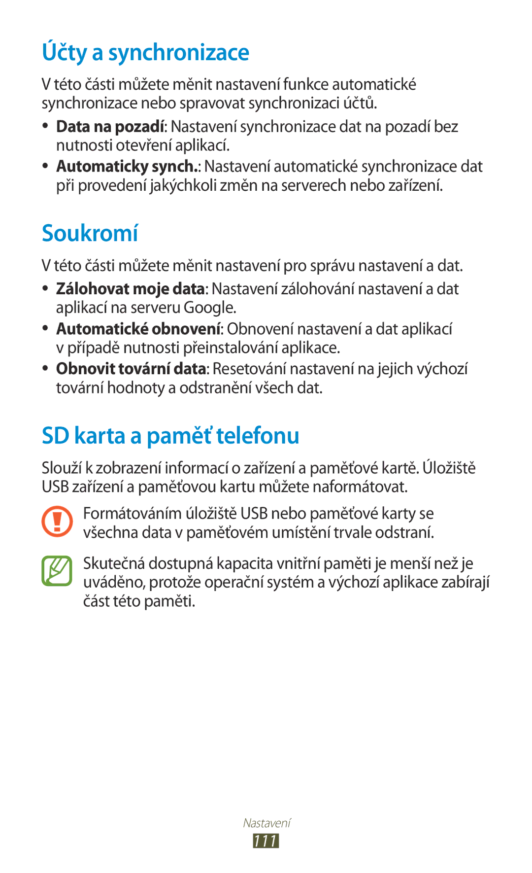 Samsung GT-S5302ZKAETL, GT-S5302ZWAXEZ, GT2S5302ZKAXEZ manual Účty a synchronizace, Soukromí, SD karta a paměť telefonu, 111 