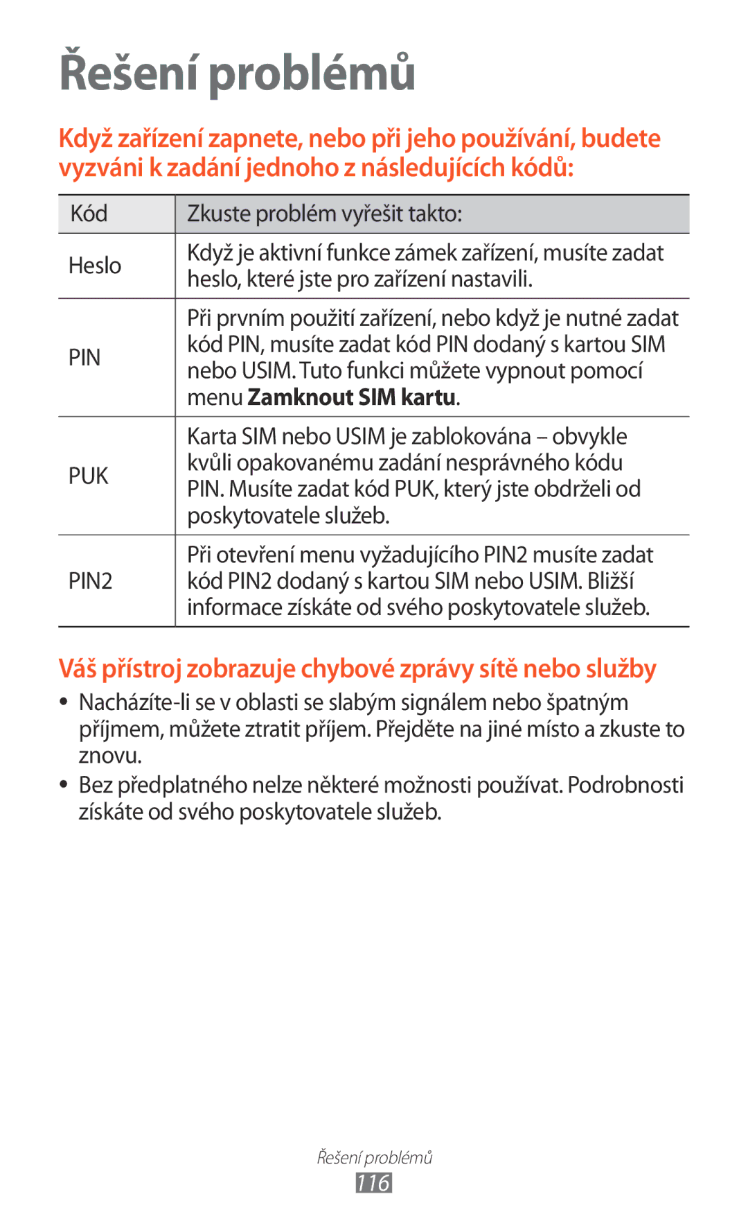 Samsung GT-S5302ZKAXEZ, GT-S5302ZWAXEZ, GT-S5302ZKAETL, GT2S5302ZKAXEZ, GT2S5302ZKAETL manual Menu Zamknout SIM kartu, 116 