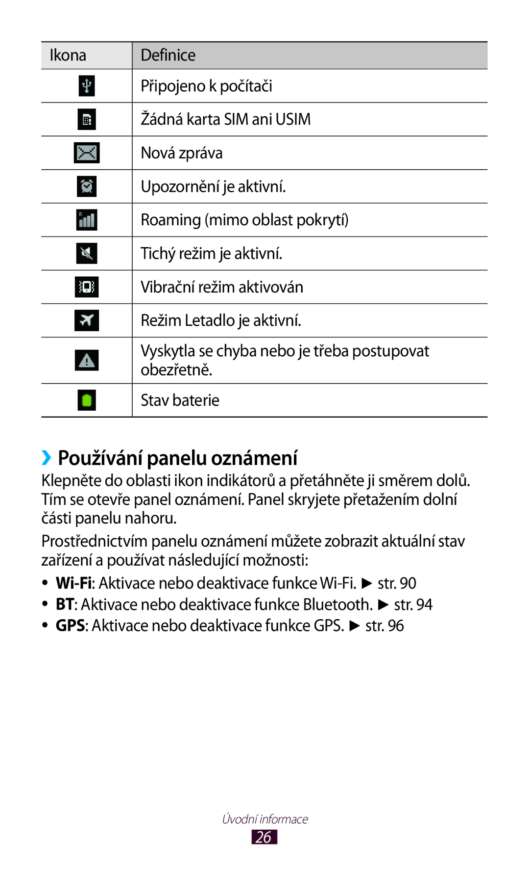 Samsung GT-S5302ZKAXEZ, GT-S5302ZWAXEZ, GT-S5302ZKAETL, GT2S5302ZKAXEZ, GT2S5302ZKAETL manual ››Používání panelu oznámení 