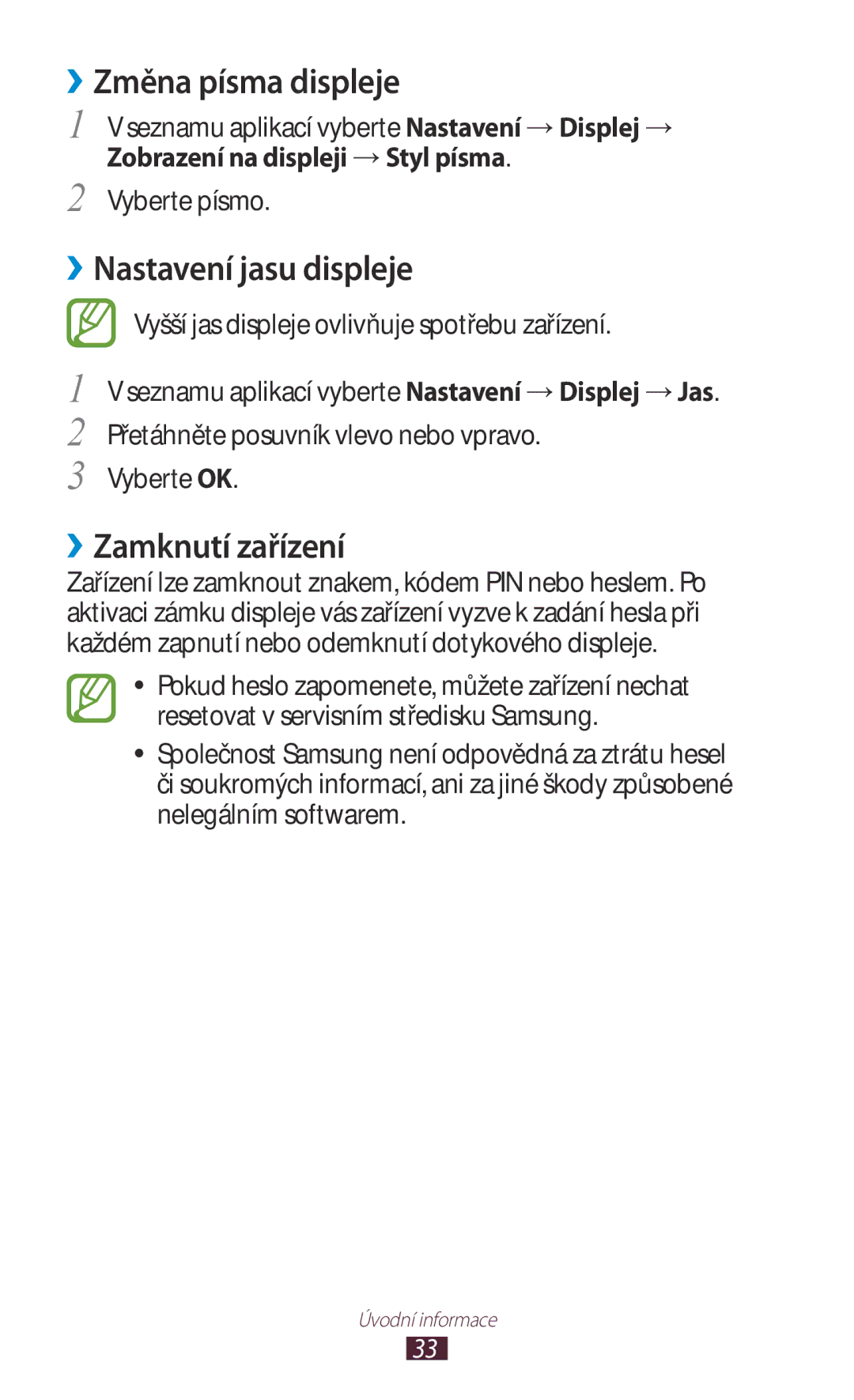 Samsung GT2S5302ZKAETL manual ››Změna písma displeje, ››Nastavení jasu displeje, ››Zamknutí zařízení, Vyberte písmo 