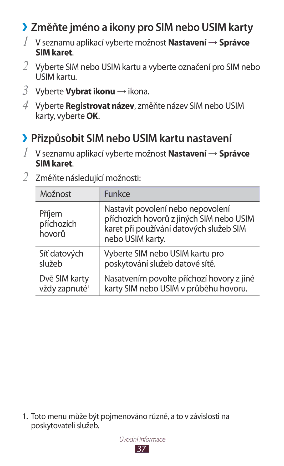 Samsung GT-S5302ZKAORX ››Přizpůsobit SIM nebo Usim kartu nastavení, Příchozích, Hovorů, Nebo Usim karty, Vždy zapnuté1 