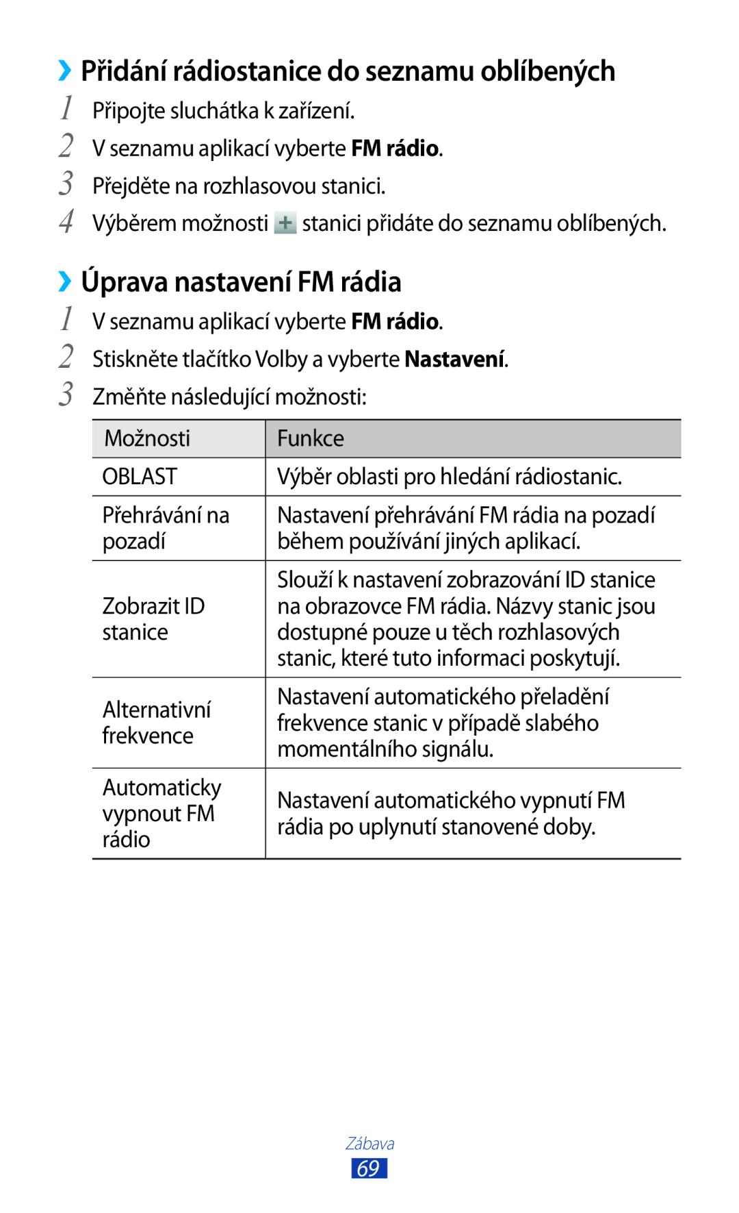 Samsung GT-S5302ZWAETL, GT-S5302ZWAXEZ manual ››Přidání rádiostanice do seznamu oblíbených, ››Úprava nastavení FM rádia 