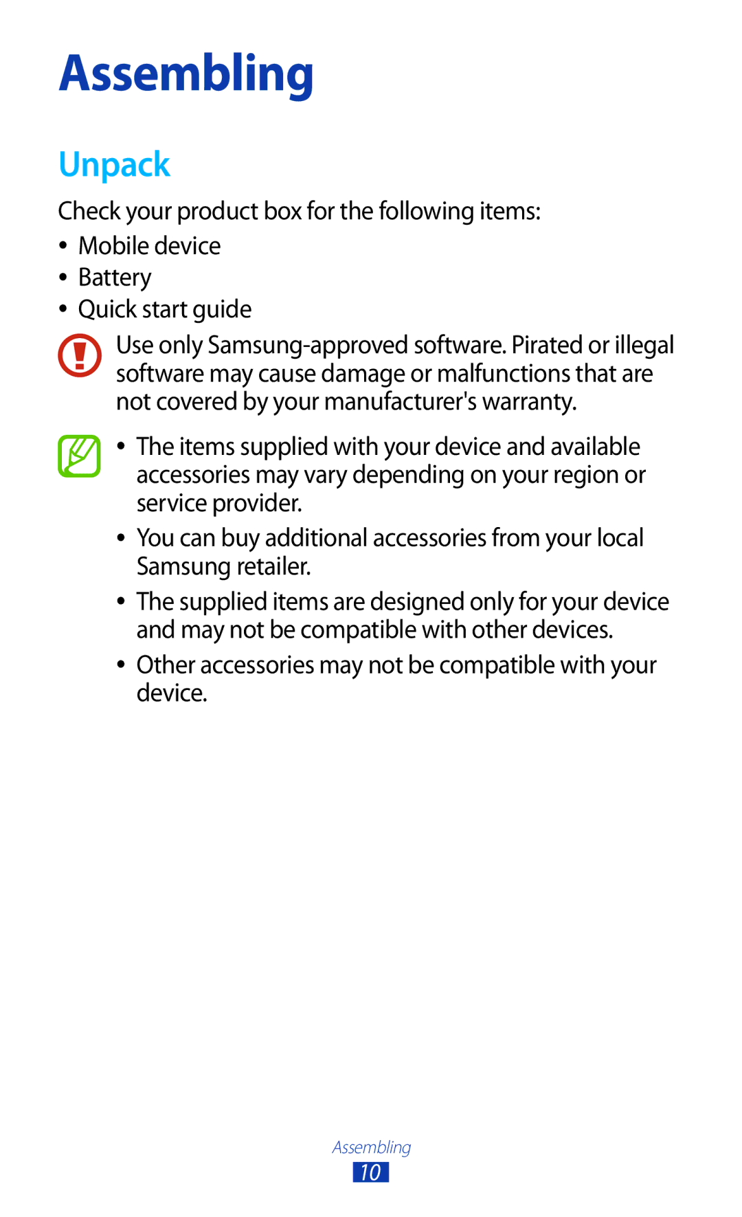 Samsung GT-S5303ZWASER, GT-S5303ZKAKSA, GT-S5303ZWAKSA Unpack, Other accessories may not be compatible with your device 