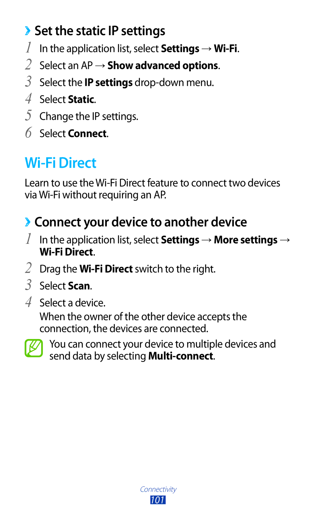 Samsung GT-S5303ZWAKSA, GT-S5303ZKAKSA Wi-Fi Direct, ››Set the static IP settings, ››Connect your device to another device 