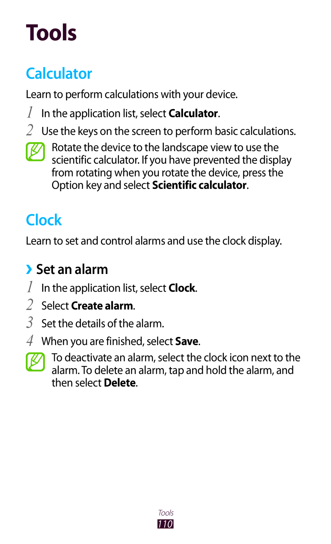 Samsung GT-S5303ZWASER, GT-S5303ZKAKSA, GT-S5303ZWAKSA manual Calculator, Clock, ››Set an alarm, Select Create alarm 