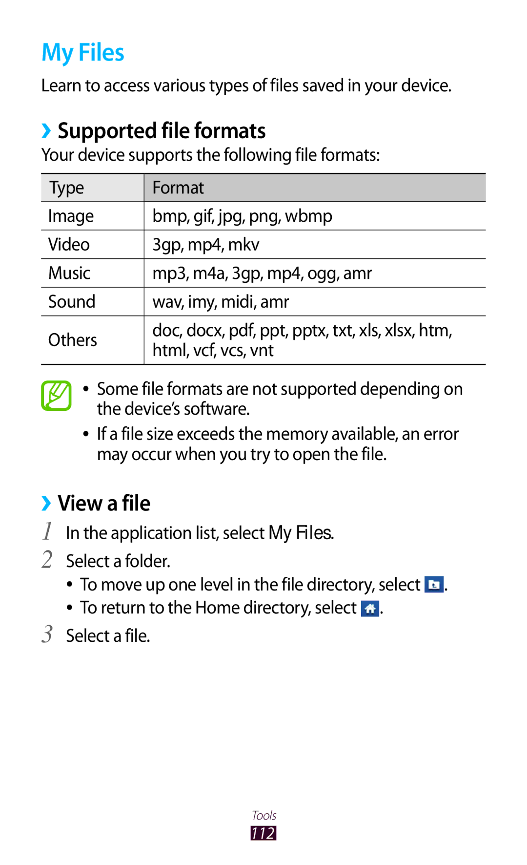 Samsung GT-S5303ZKAKSA, GT-S5303ZWAKSA, GT-S5303ZWASER, GT-S5303ZKASER My Files, ››Supported file formats, ››View a file 