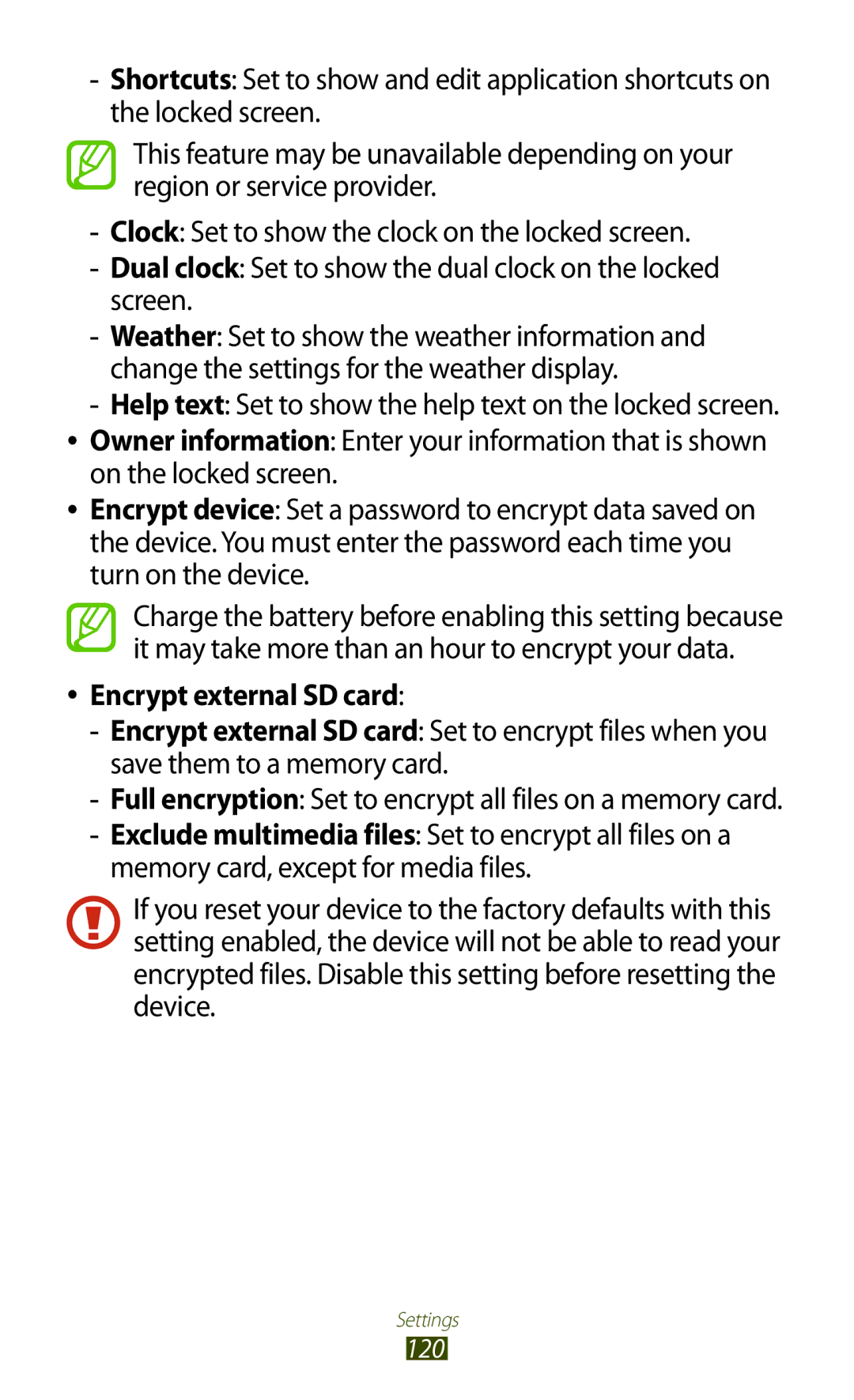 Samsung GT-S5303ZKAKSA, GT-S5303ZWAKSA, GT-S5303ZWASER, GT-S5303ZKASER manual Encrypt external SD card, 120 