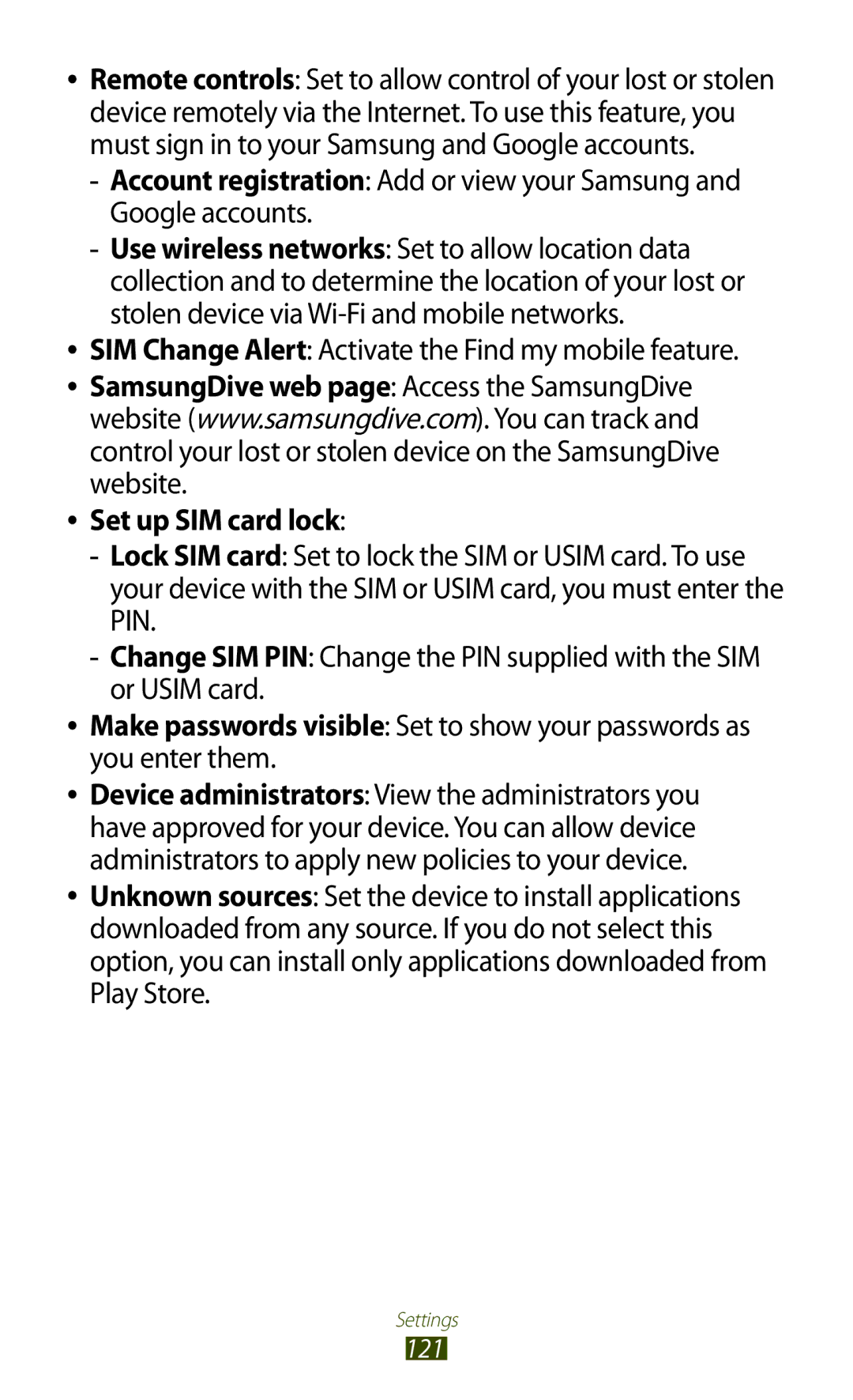 Samsung GT-S5303ZWAKSA, GT-S5303ZKAKSA manual SIM Change Alert Activate the Find my mobile feature, Set up SIM card lock 