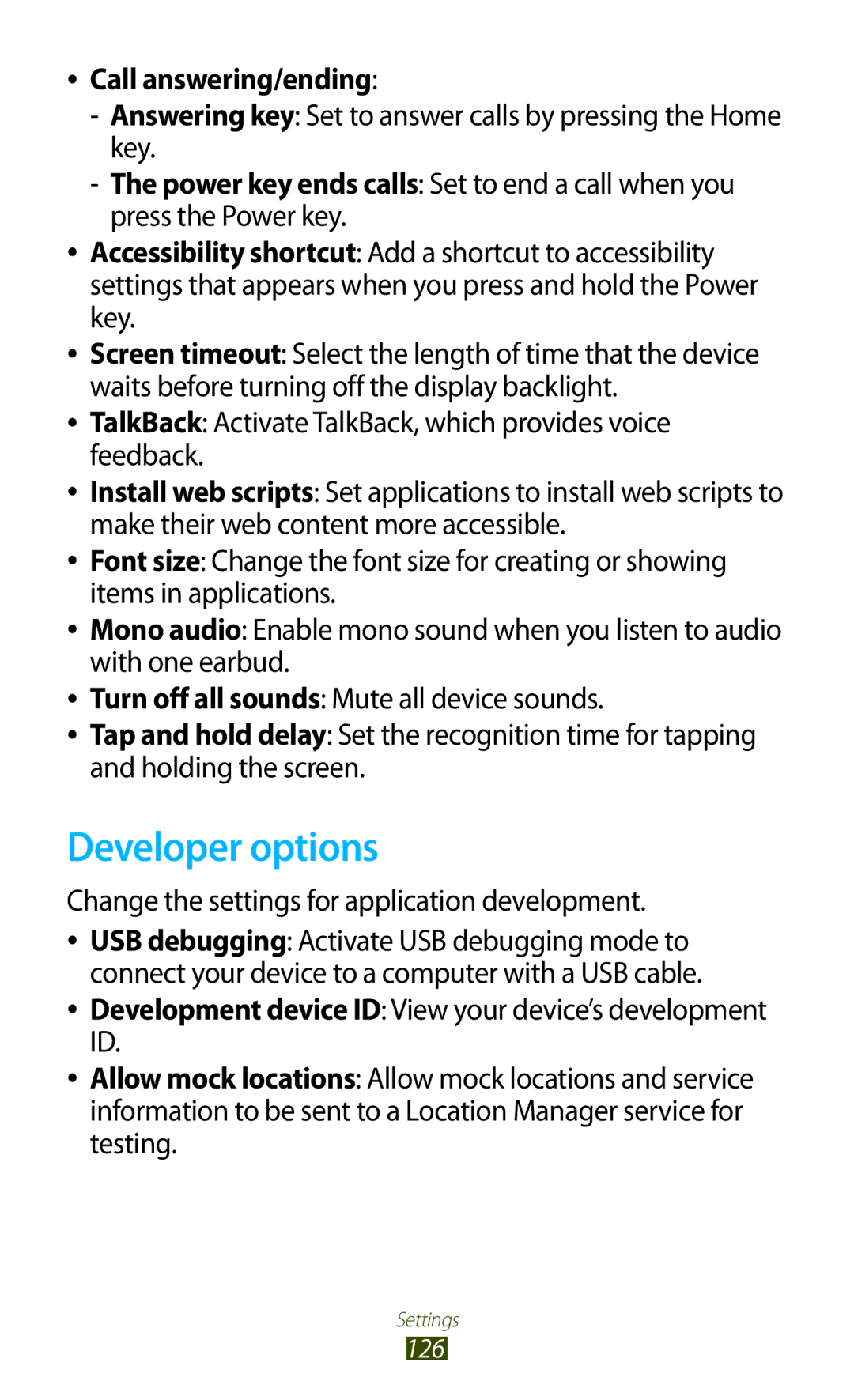 Samsung GT-S5303ZWASER manual Developer options, Call answering/ending, Change the settings for application development 