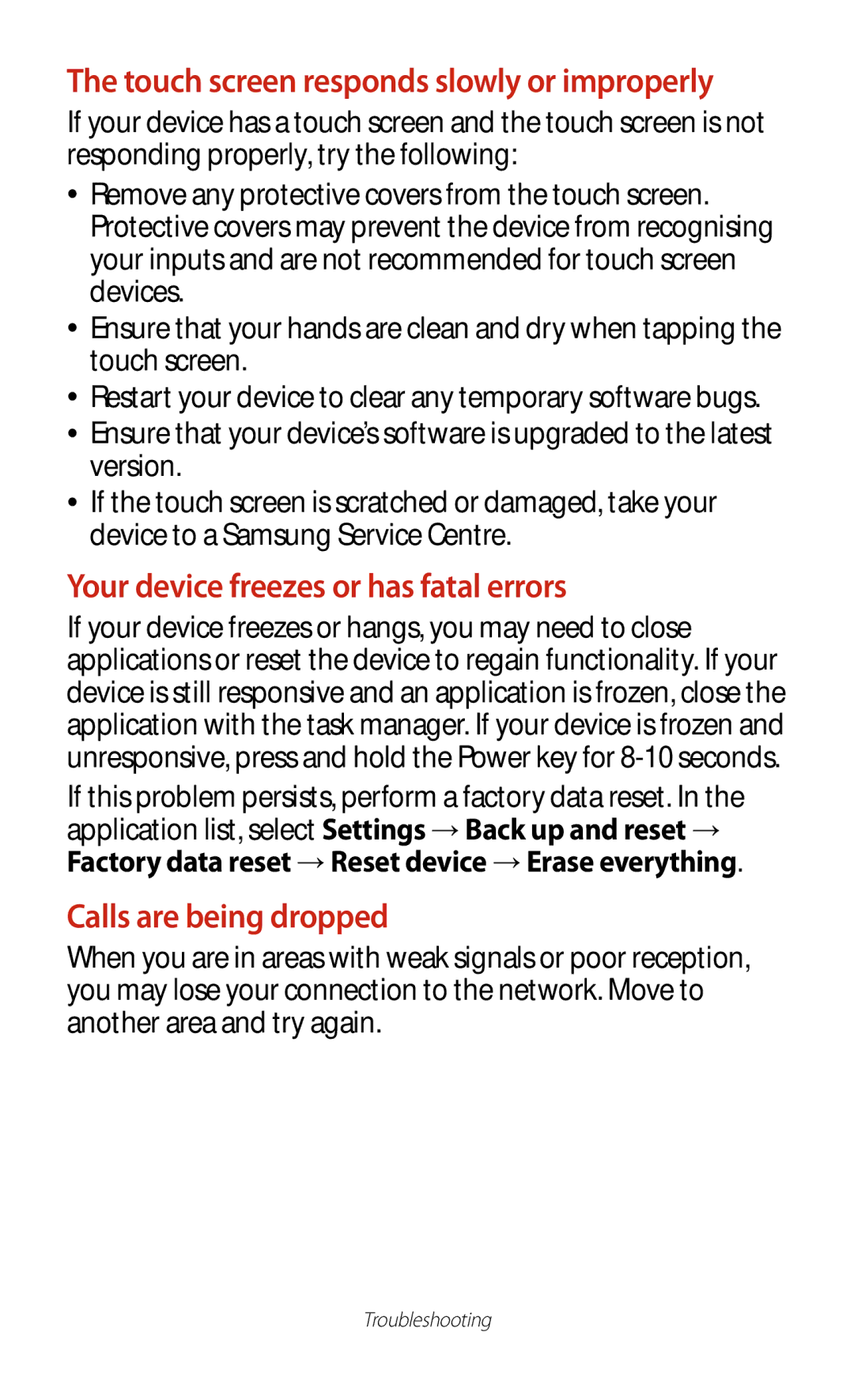 Samsung GT-S5303ZWAKSA, GT-S5303ZKAKSA, GT-S5303ZWASER, GT-S5303ZKASER manual Your device freezes or has fatal errors 