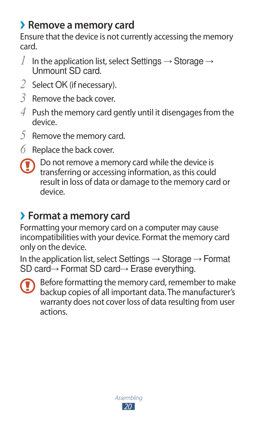 Samsung GT-S5303ZKAKSA, GT-S5303ZWAKSA, GT-S5303ZWASER manual ››Remove a memory card, ››Format a memory card, Unmount SD card 