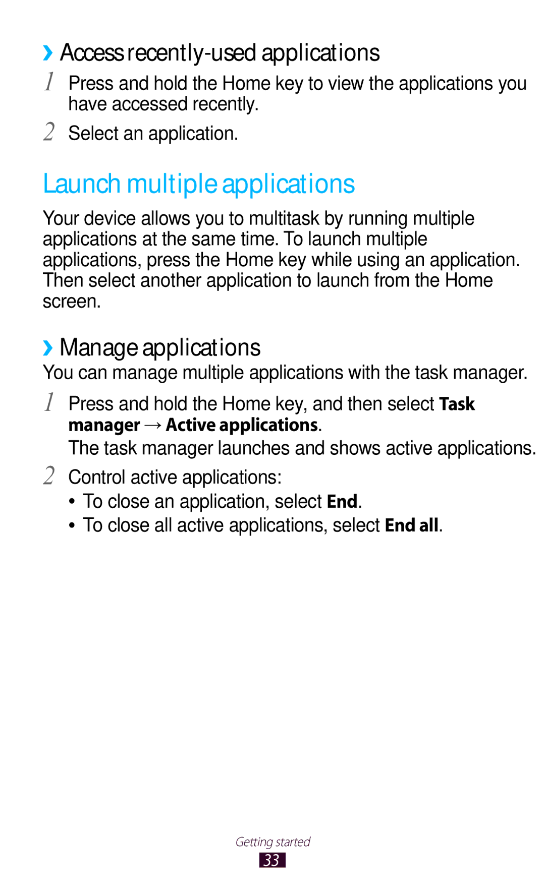 Samsung GT-S5303ZWAKSA manual Launch multiple applications, ››Access recently-used applications, ››Manage applications 