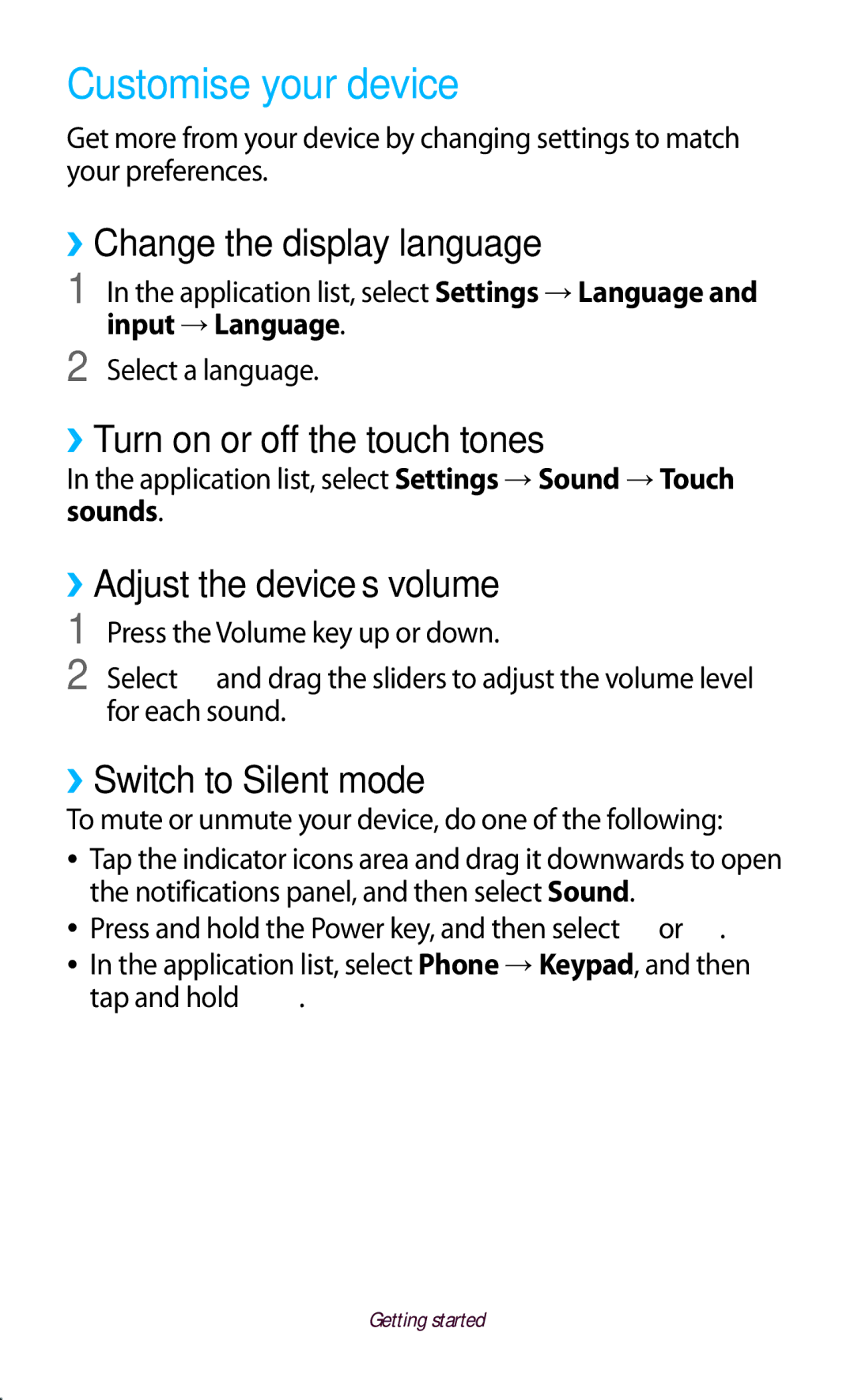 Samsung GT-S5303ZWASER manual Customise your device, ››Change the display language, ››Turn on or off the touch tones 