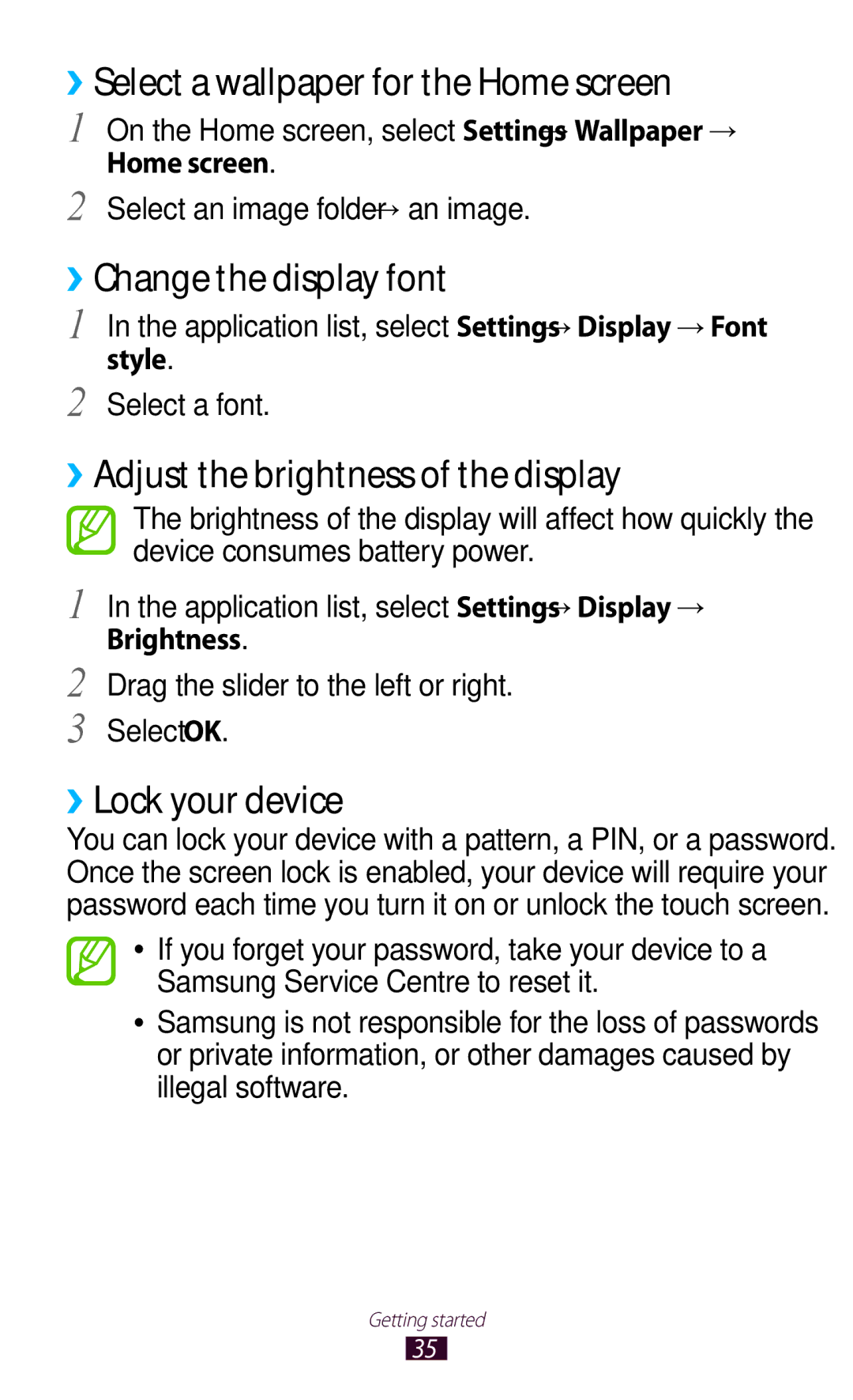 Samsung GT-S5303ZKASER manual ››Select a wallpaper for the Home screen, ››Change the display font, ››Lock your device 