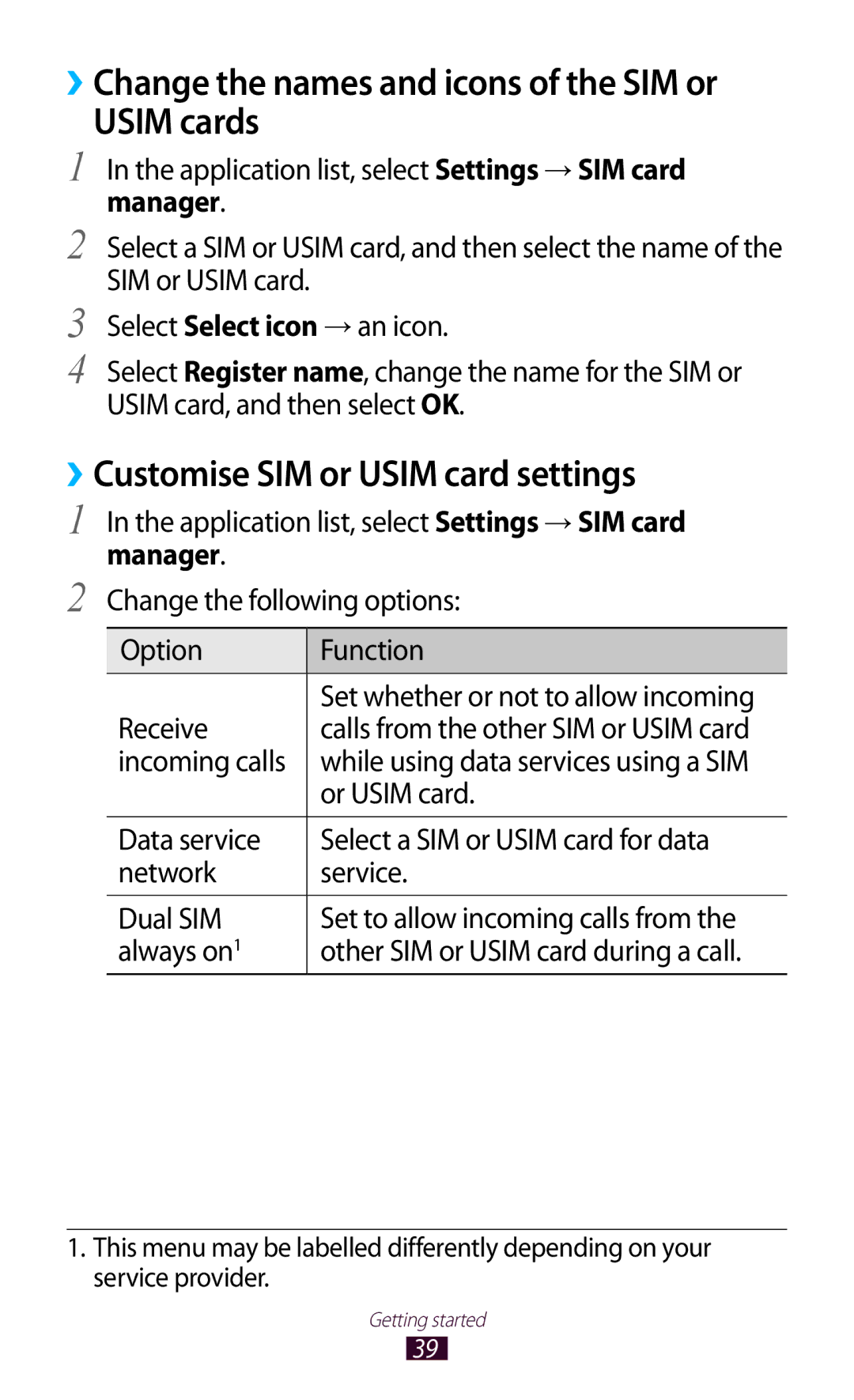 Samsung GT-S5303ZKASER manual ››Change the names and icons of the SIM or Usim cards, ››Customise SIM or Usim card settings 