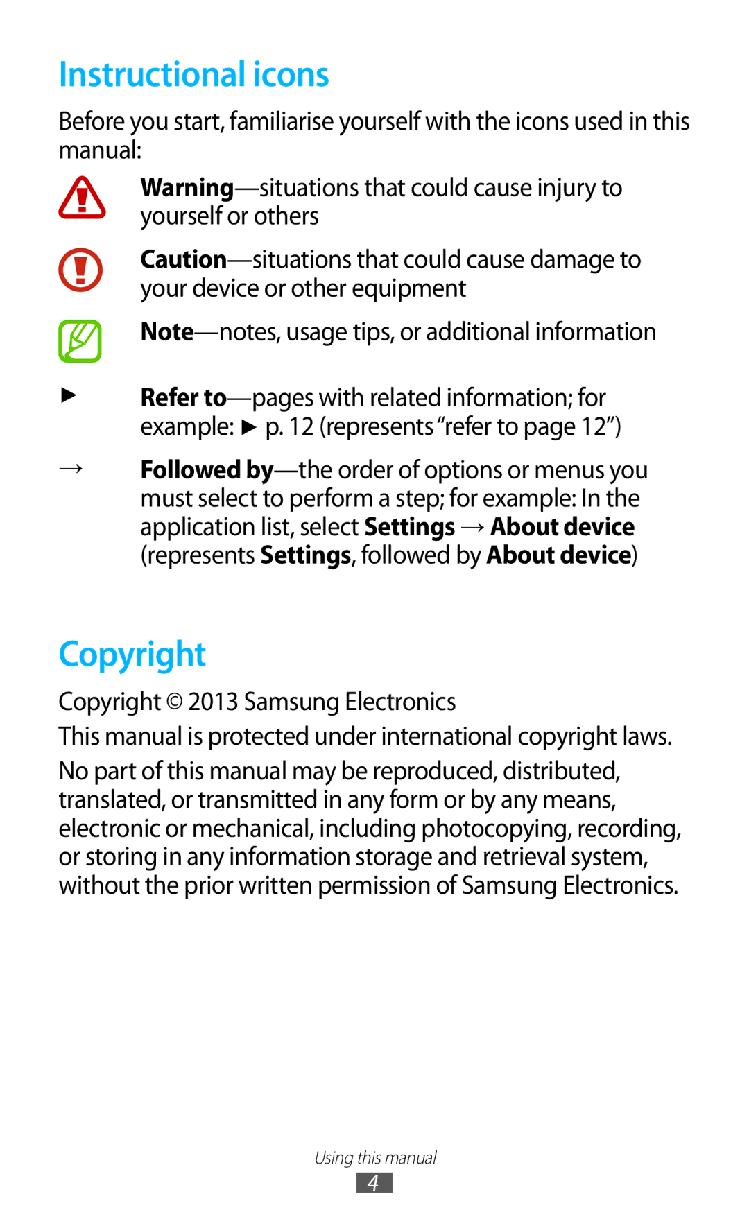 Samsung GT-S5303ZKAKSA, GT-S5303ZWAKSA, GT-S5303ZWASER, GT-S5303ZKASER manual Instructional icons, Copyright 