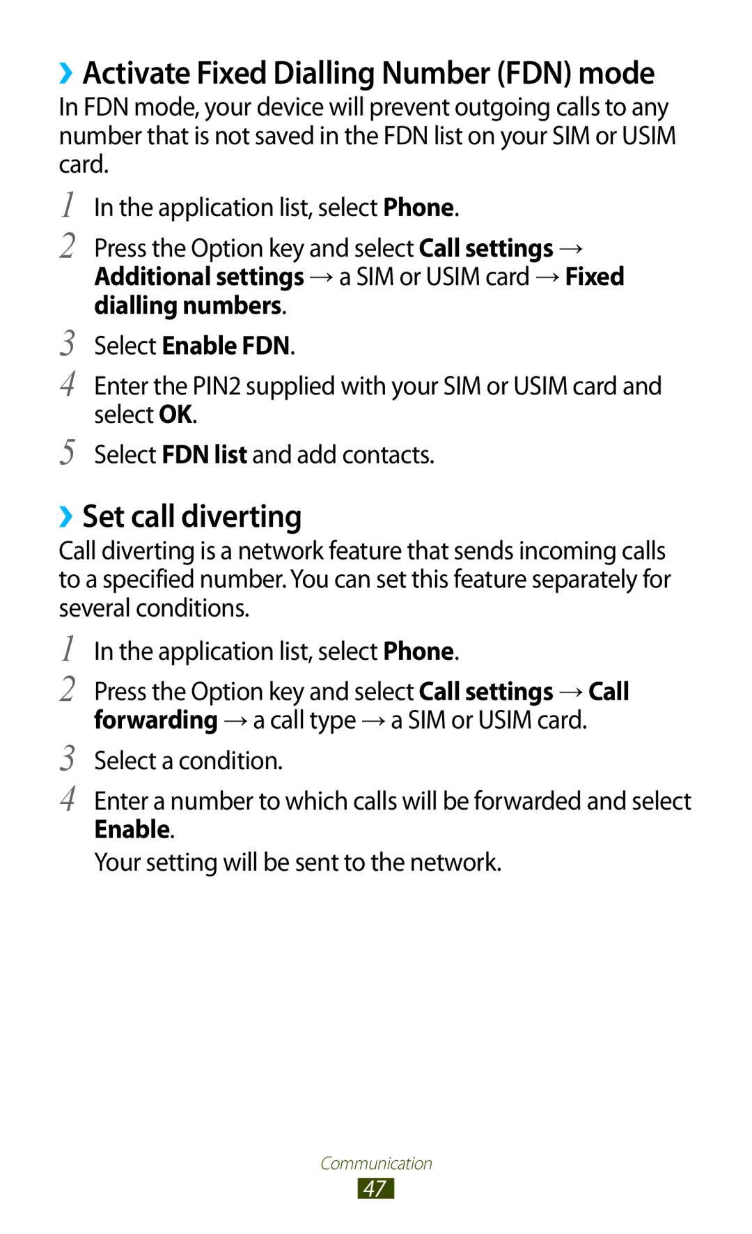 Samsung GT-S5303ZKASER, GT-S5303ZKAKSA, GT-S5303ZWAKSA, GT-S5303ZWASER manual ››Set call diverting, Select Enable FDN 