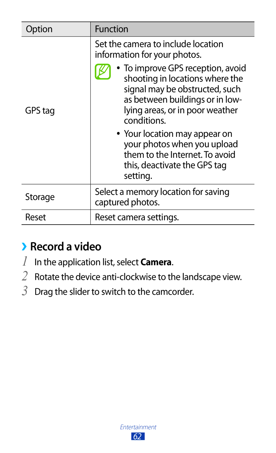 Samsung GT-S5303ZWASER, GT-S5303ZKAKSA manual ››Record a video, Shooting in locations where, Signal may be obstructed, such 