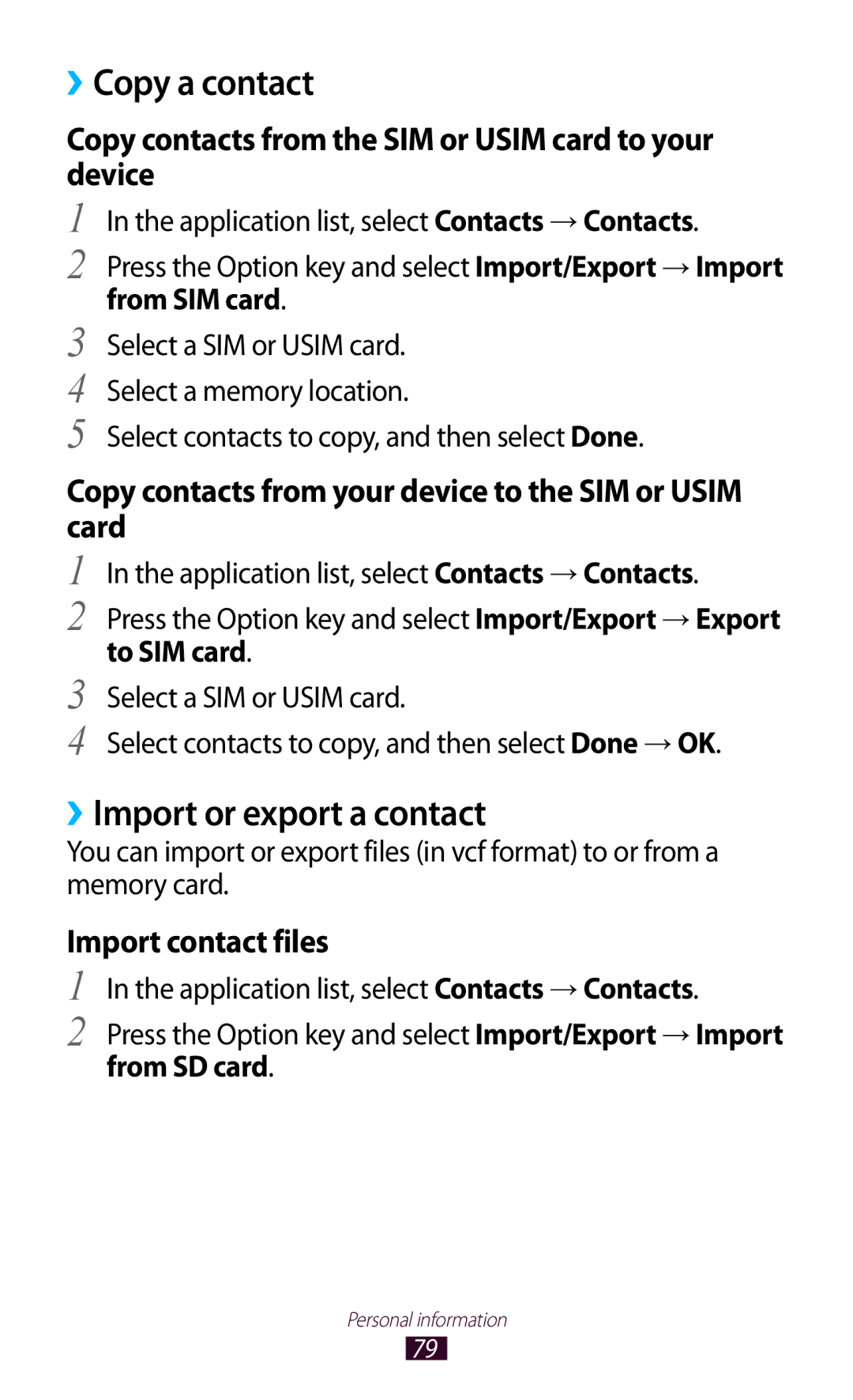 Samsung GT-S5303ZKASER manual ››Copy a contact, ››Import or export a contact, Select contacts to copy, and then select Done 