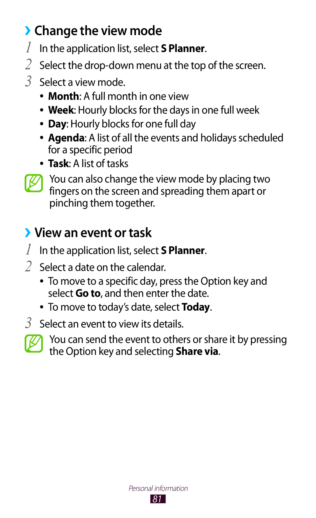 Samsung GT-S5303ZWAKSA, GT-S5303ZKAKSA, GT-S5303ZWASER, GT-S5303ZKASER manual ››Change the view mode, ››View an event or task 