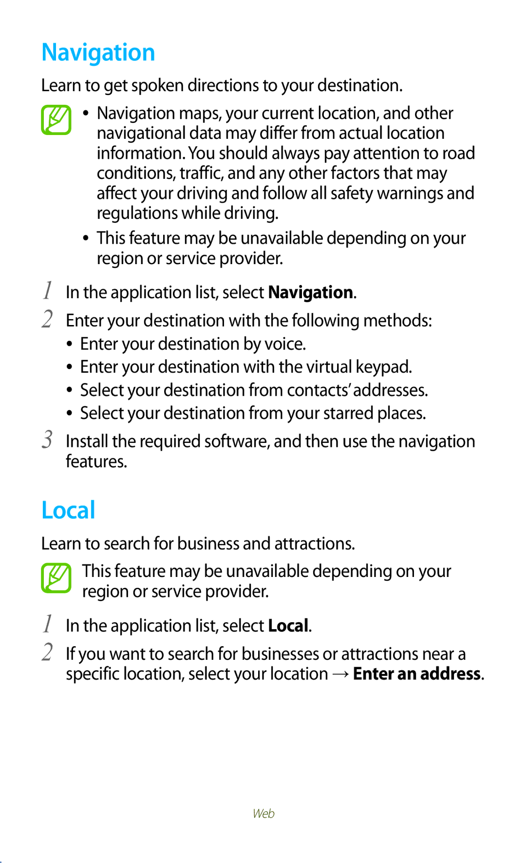 Samsung GT-S5303ZWAKSA, GT-S5303ZKAKSA manual Navigation, Local, Learn to get spoken directions to your destination 