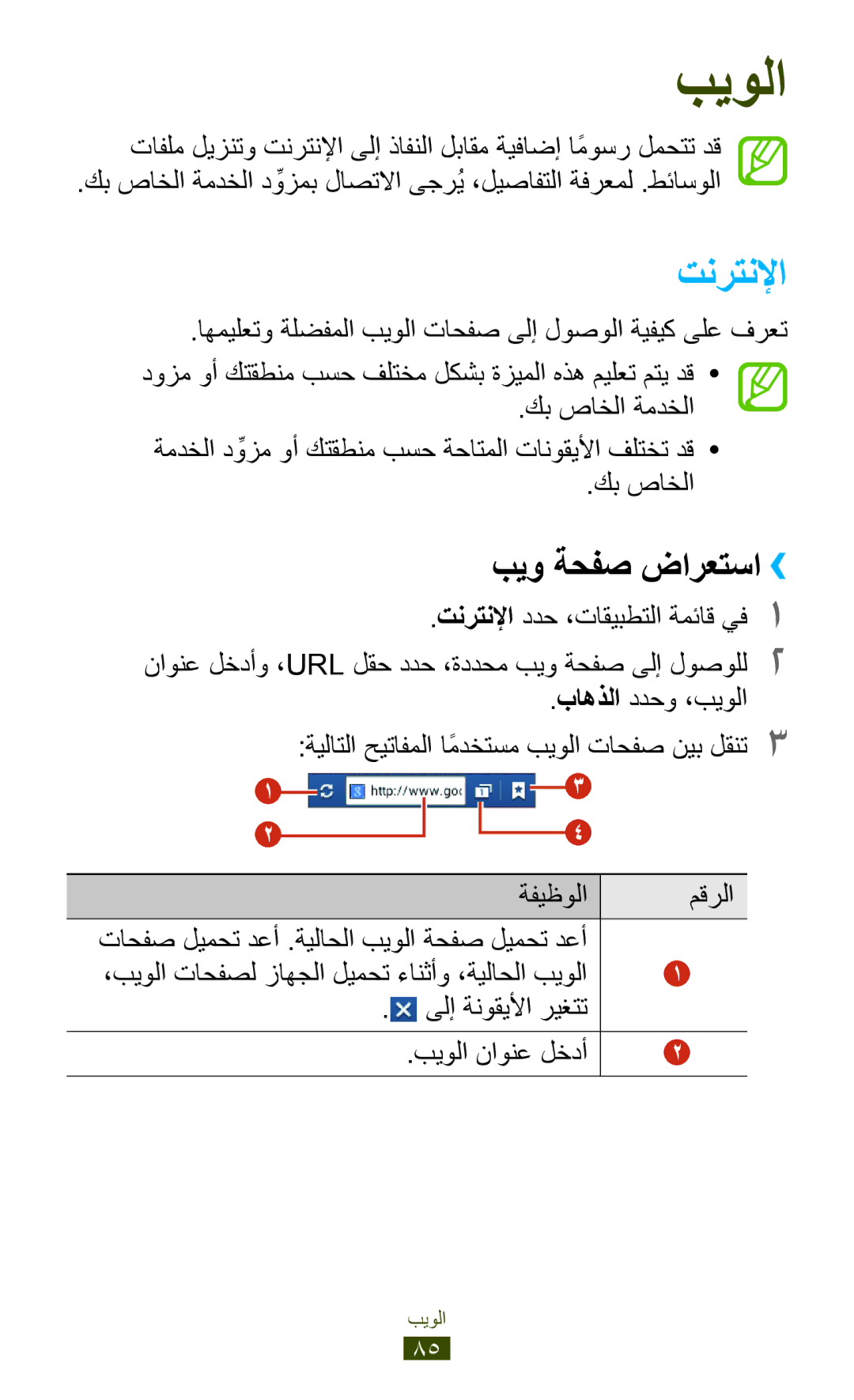 Samsung GT-S5303ZWAKSA, GT-S5303ZKAKSA manual تنرتنلإا, بيو ةحفص ضارعتسا››, كب صاخلا, باهذلا ددحو ،بيولا 