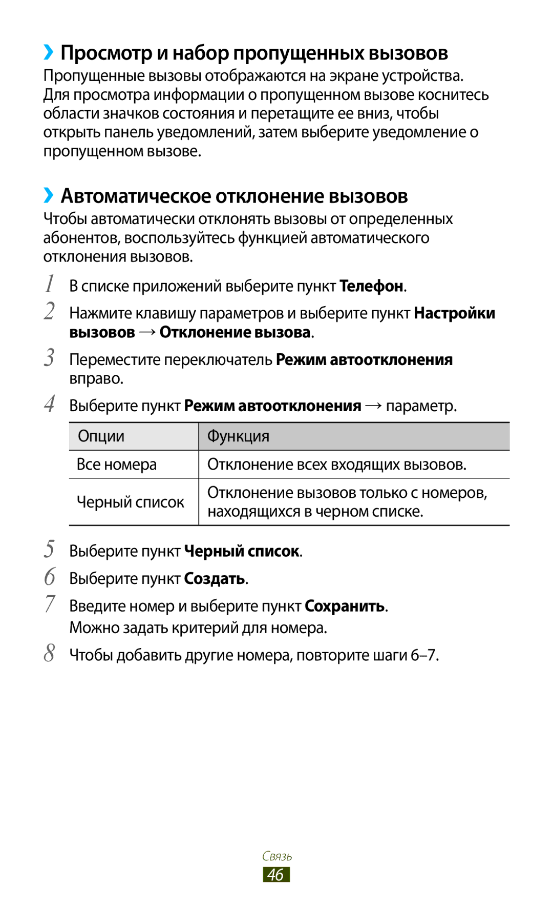 Samsung GT-S5303ZWASER, GT-S5303ZKASER manual ››Просмотр и набор пропущенных вызовов, ››Автоматическое отклонение вызовов 