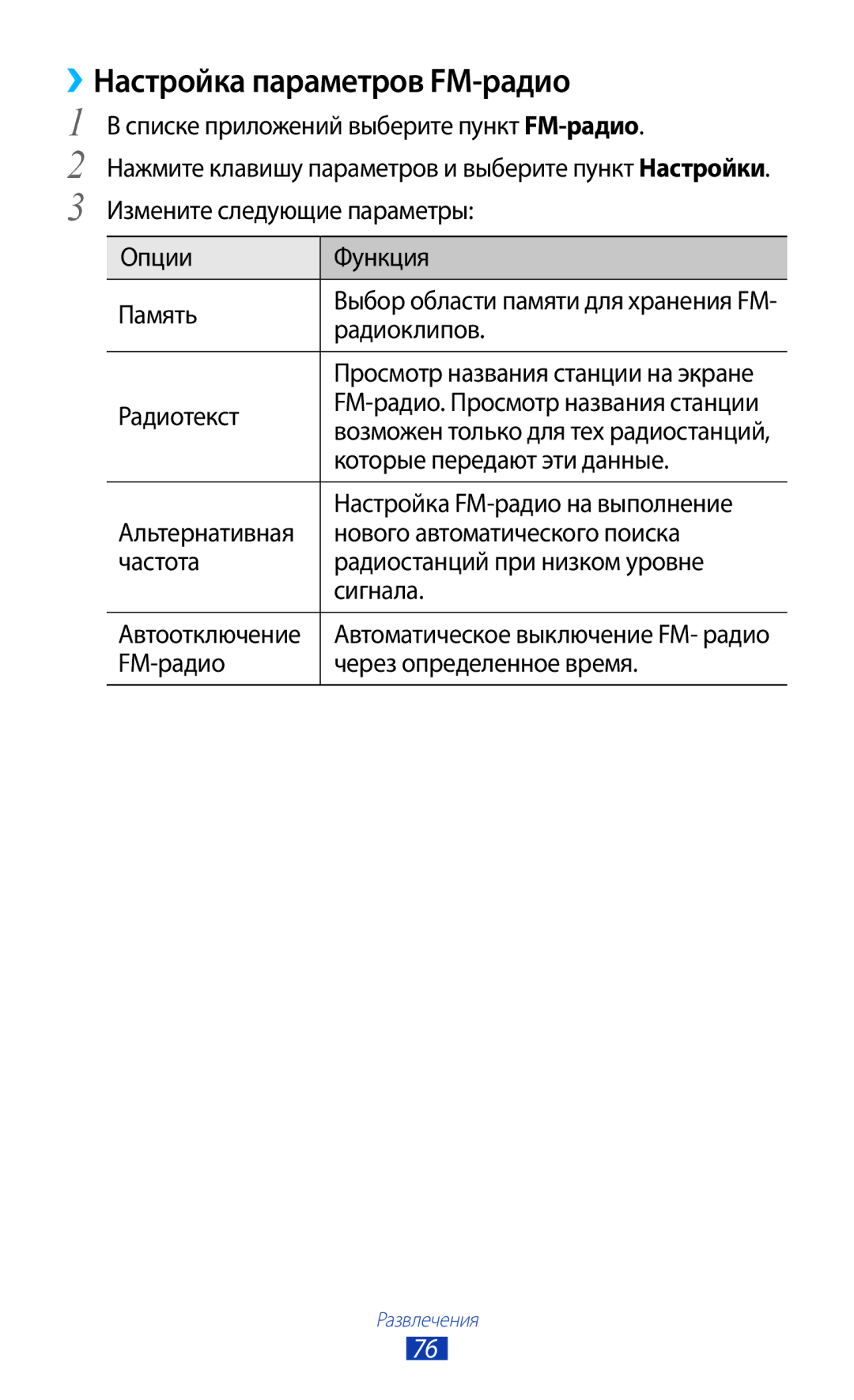 Samsung GT-S5303ZWASER manual ››Настройка параметров FM-радио, Радиоклипов, Радиотекст, Которые передают эти данные 