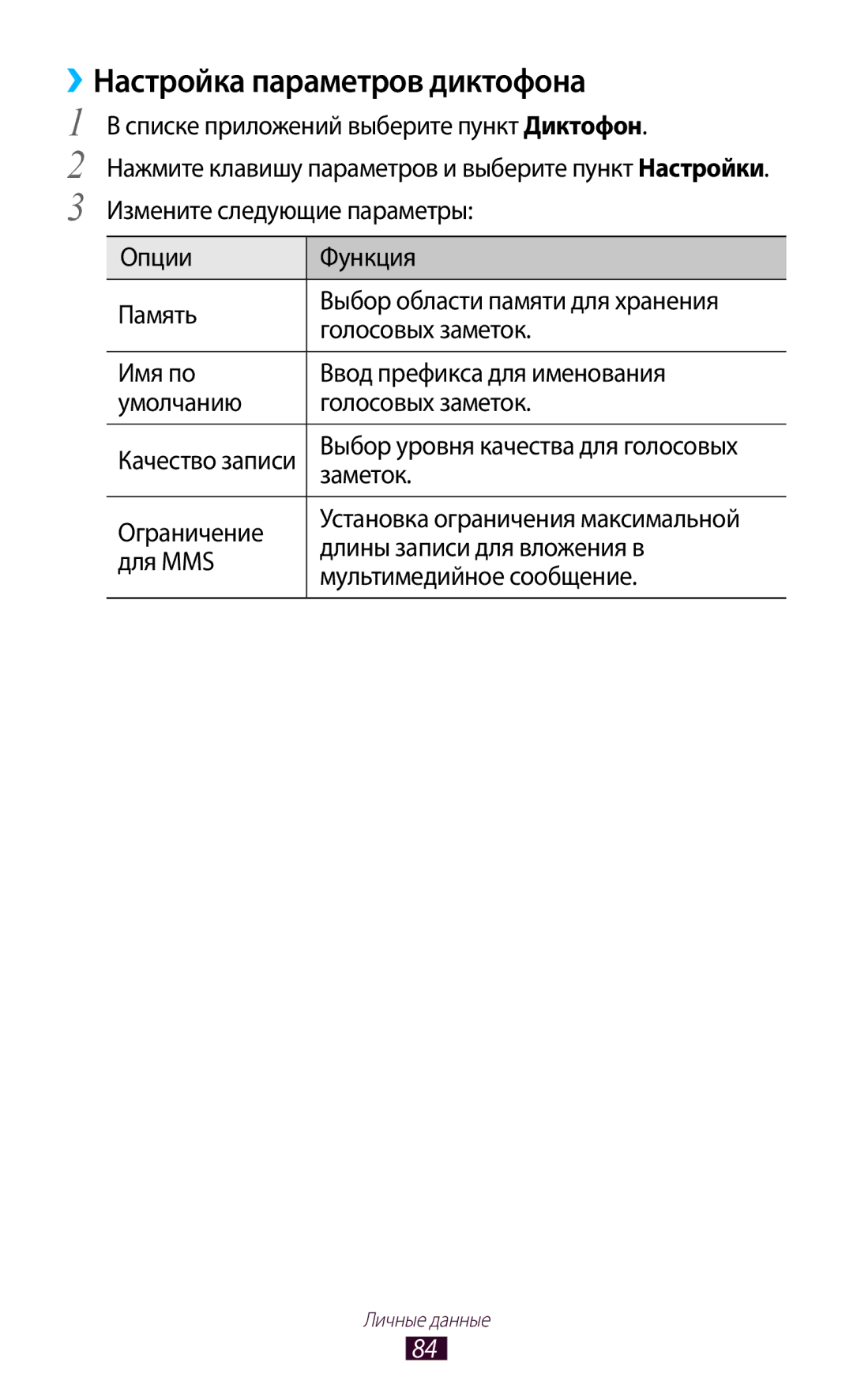 Samsung GT-S5303ZWASER, GT-S5303ZKASER manual ››Настройка параметров диктофона, Заметок 